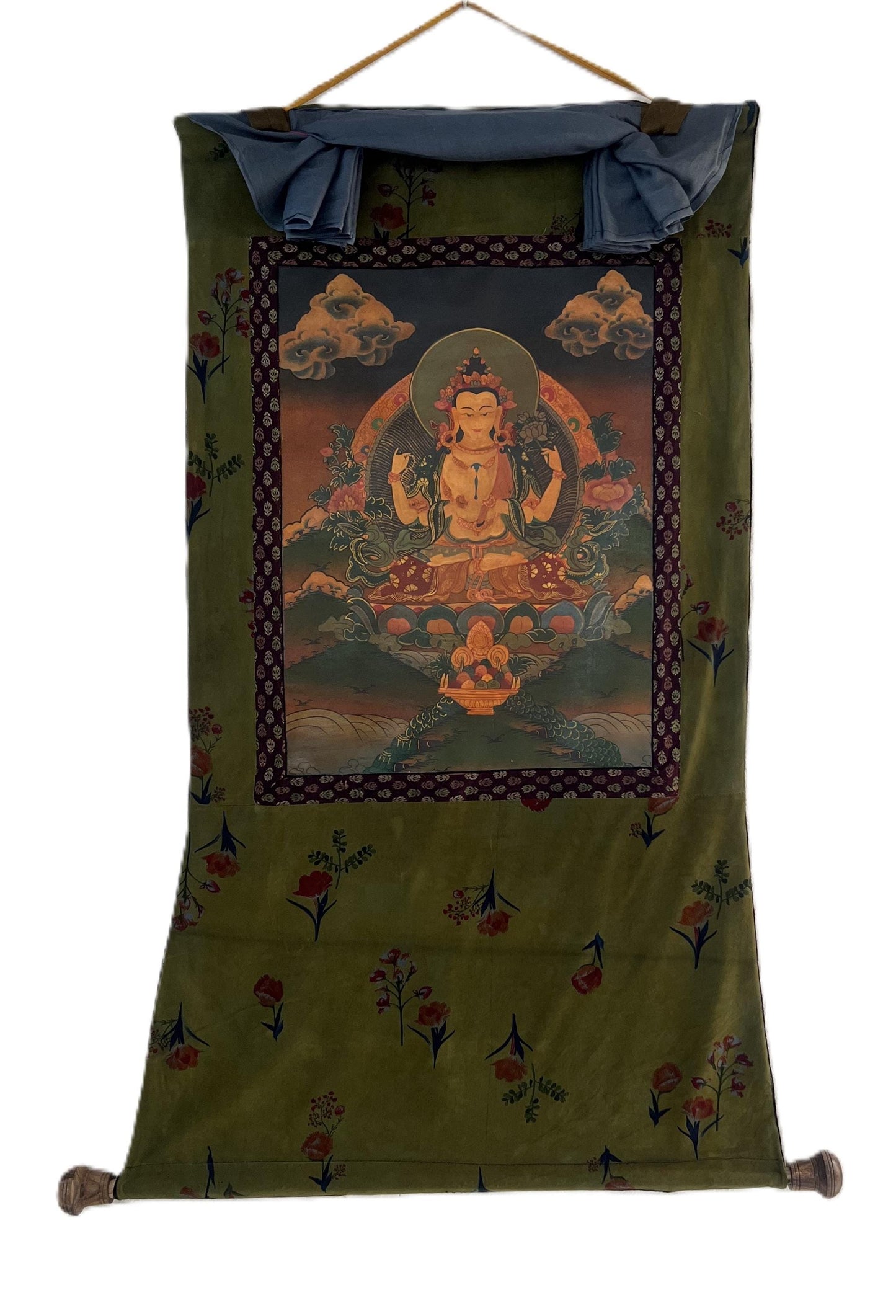 Hand-Painted Avalokiteshvara Thangka: Old Oiled Chenrezig Art, Cotton Brocade