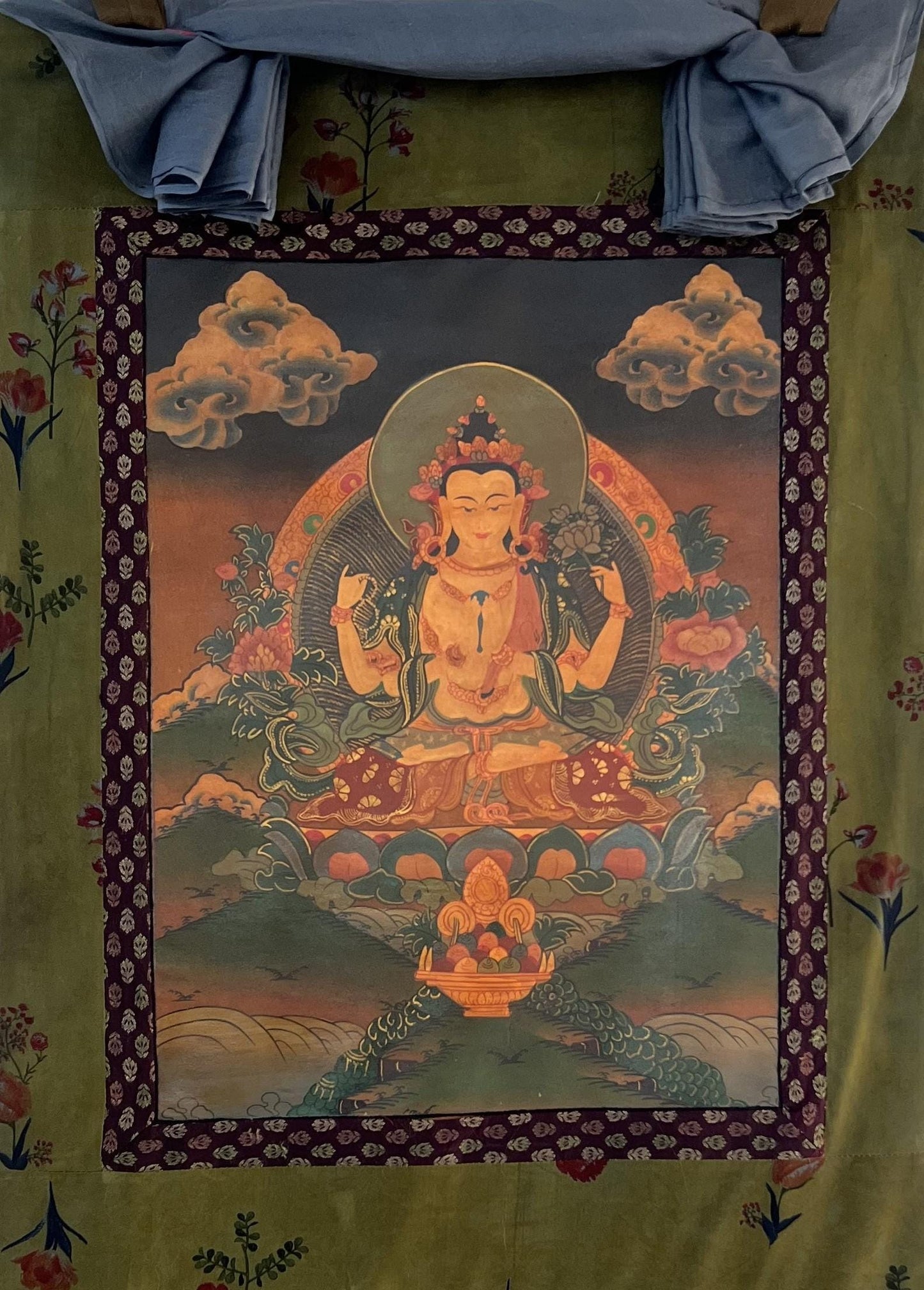 Hand-Painted Avalokiteshvara Thangka: Old Oiled Chenrezig Art, Cotton Brocade