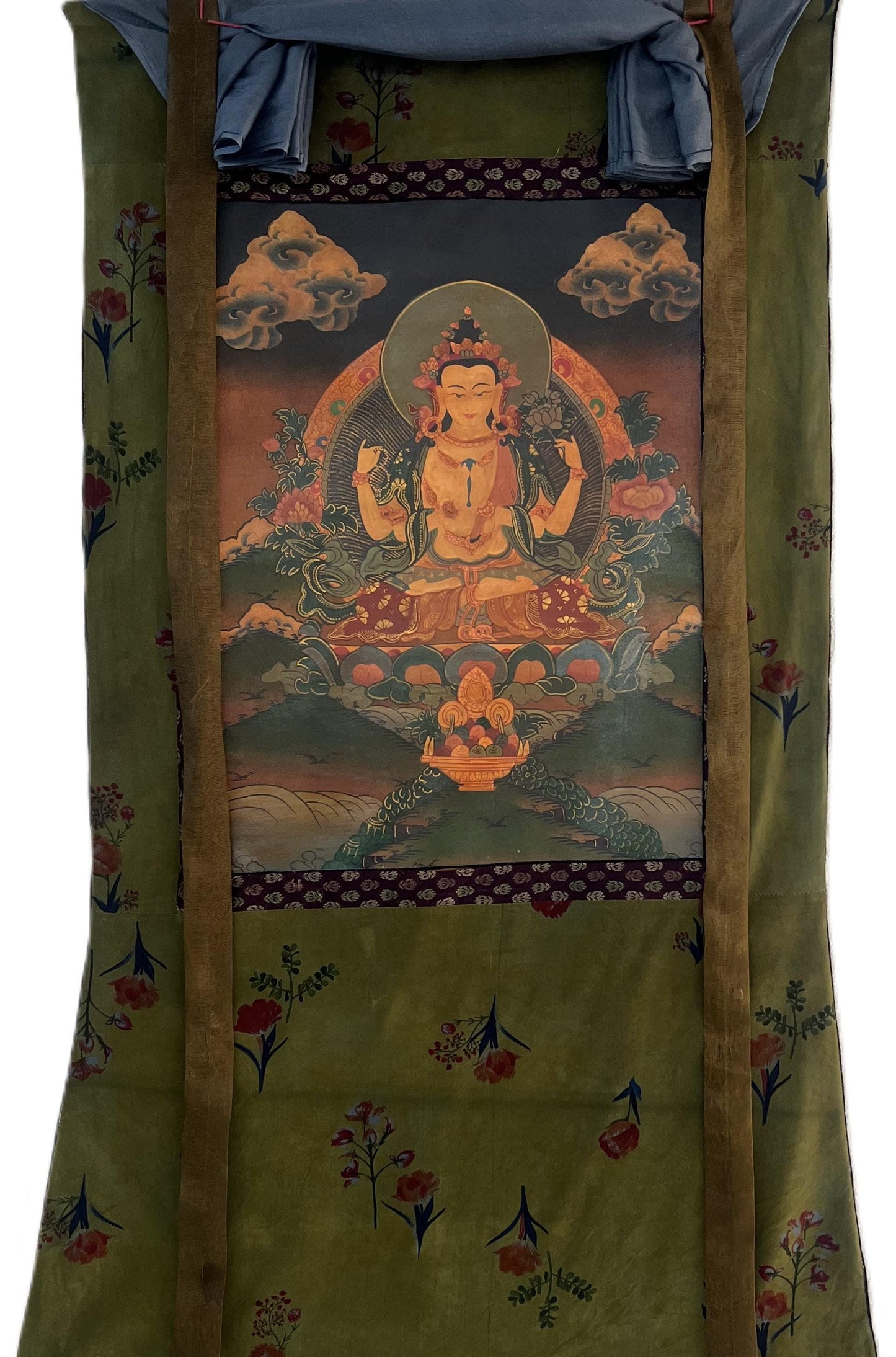 Hand-Painted Avalokiteshvara Thangka: Old Oiled Chenrezig Art, Cotton Brocade