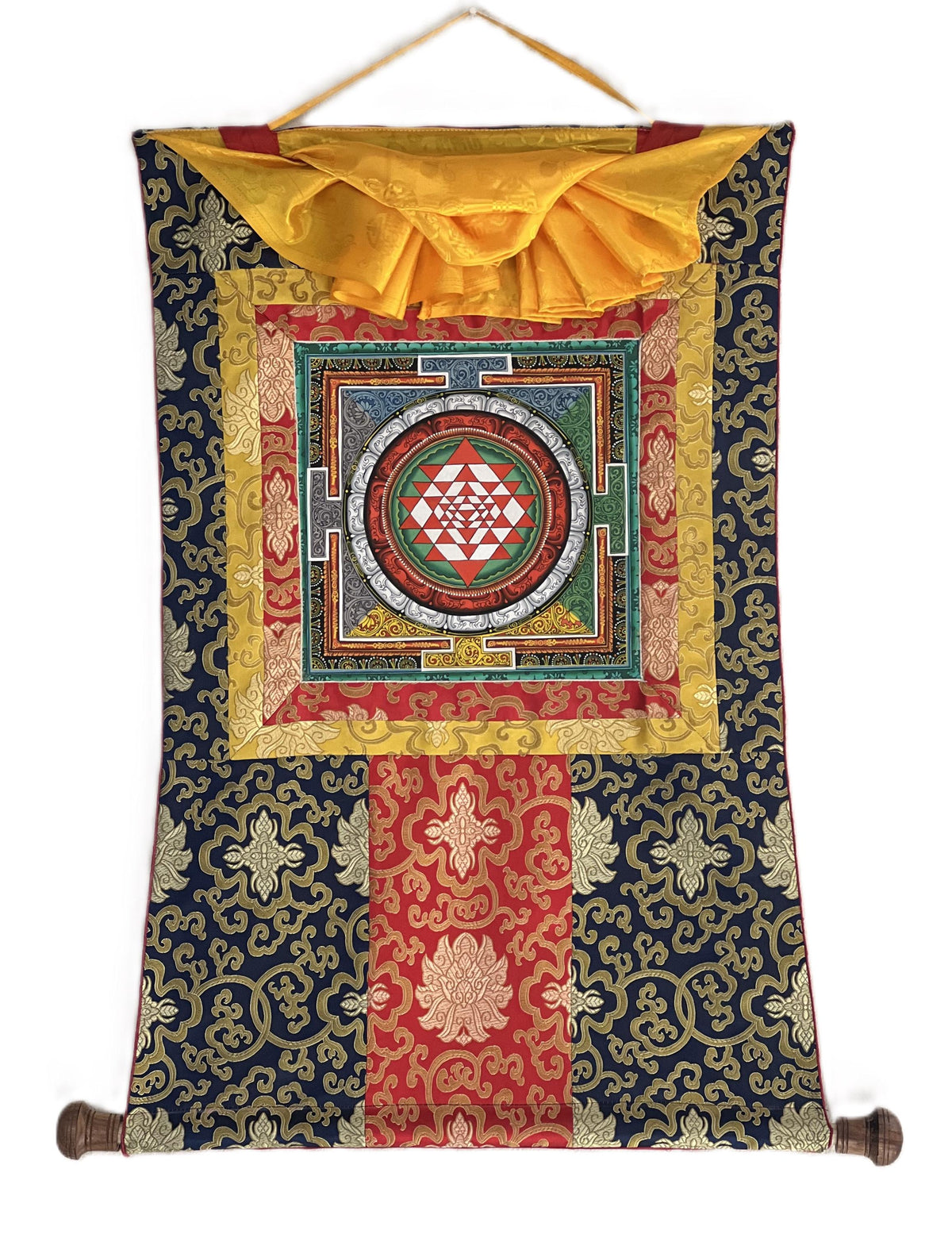Hand-Painted Sri Yantra Mandala Thangka Painting with Silk Frame