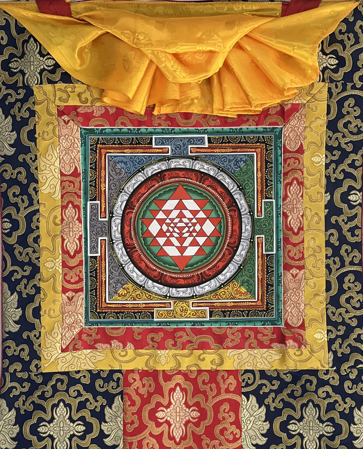 Hand-Painted Sri Yantra Mandala Thangka Painting with Silk Frame