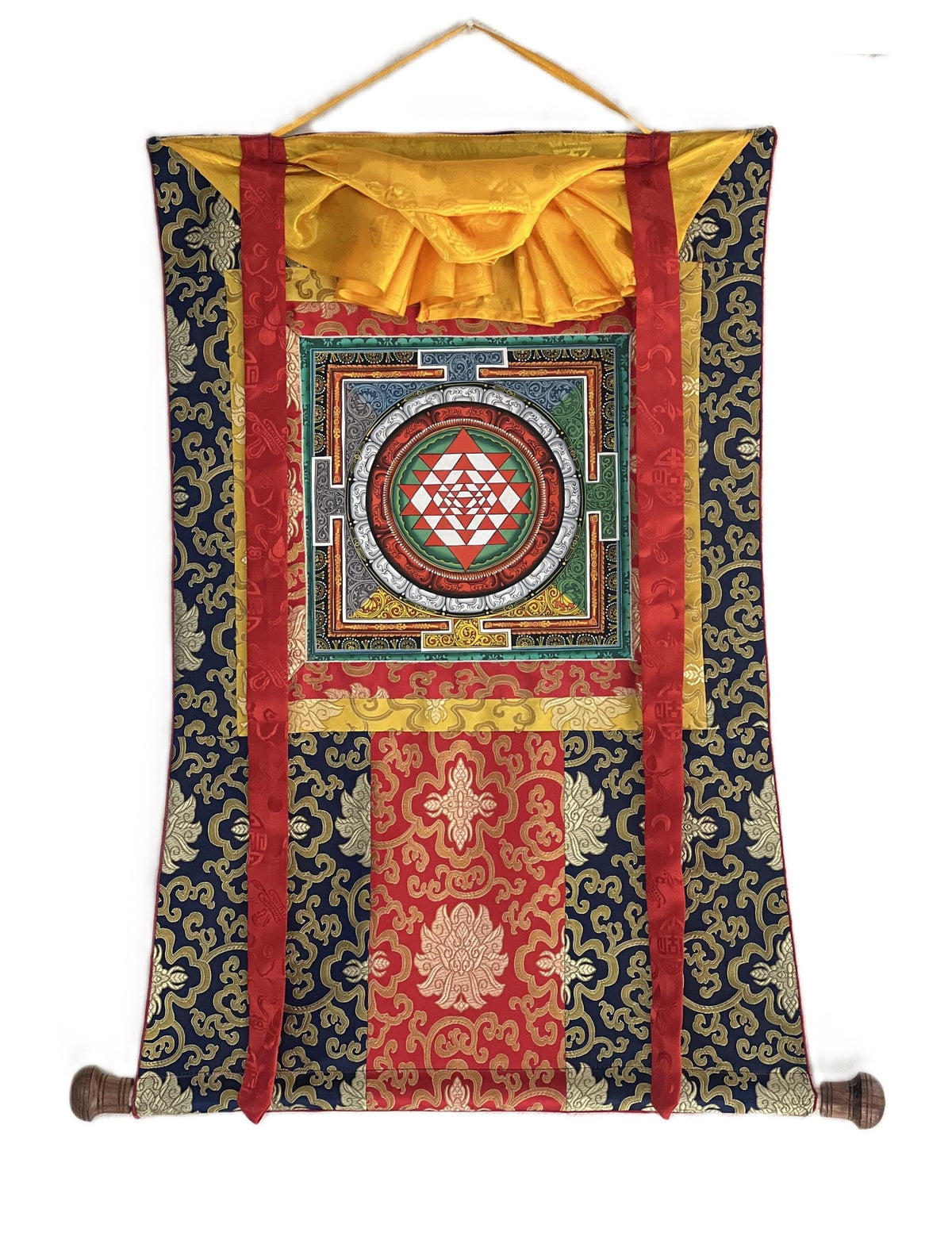 Hand-Painted Sri Yantra Mandala Thangka Painting with Silk Frame