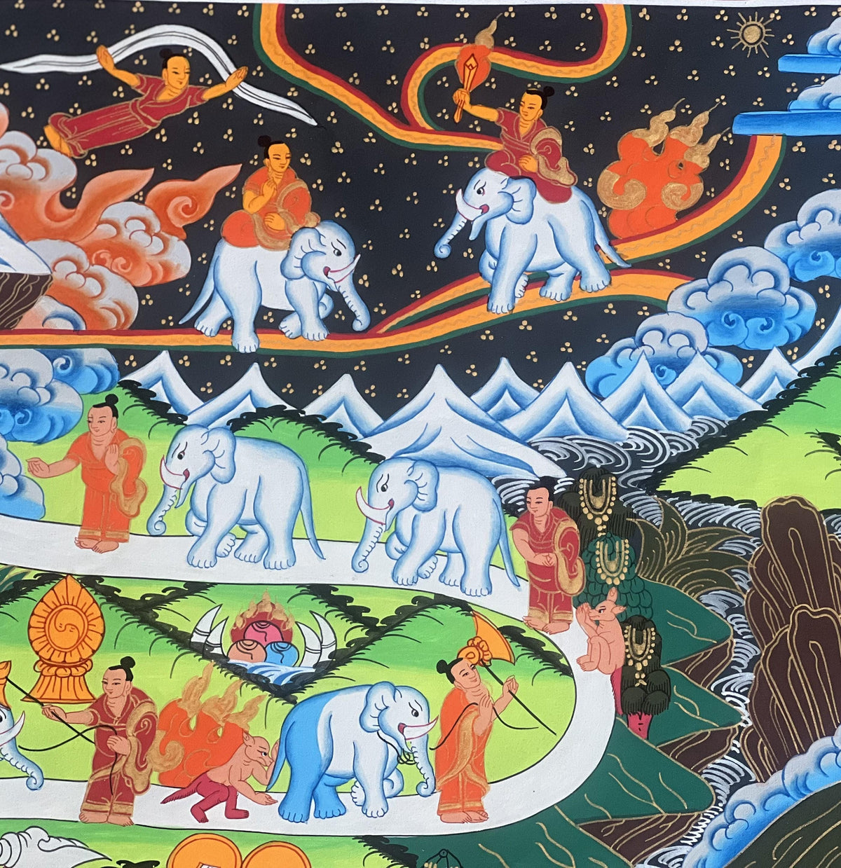 Samatha Meditation Original Tibetan Thangka Painting  Nine Stage Elephant Path to Nirvana