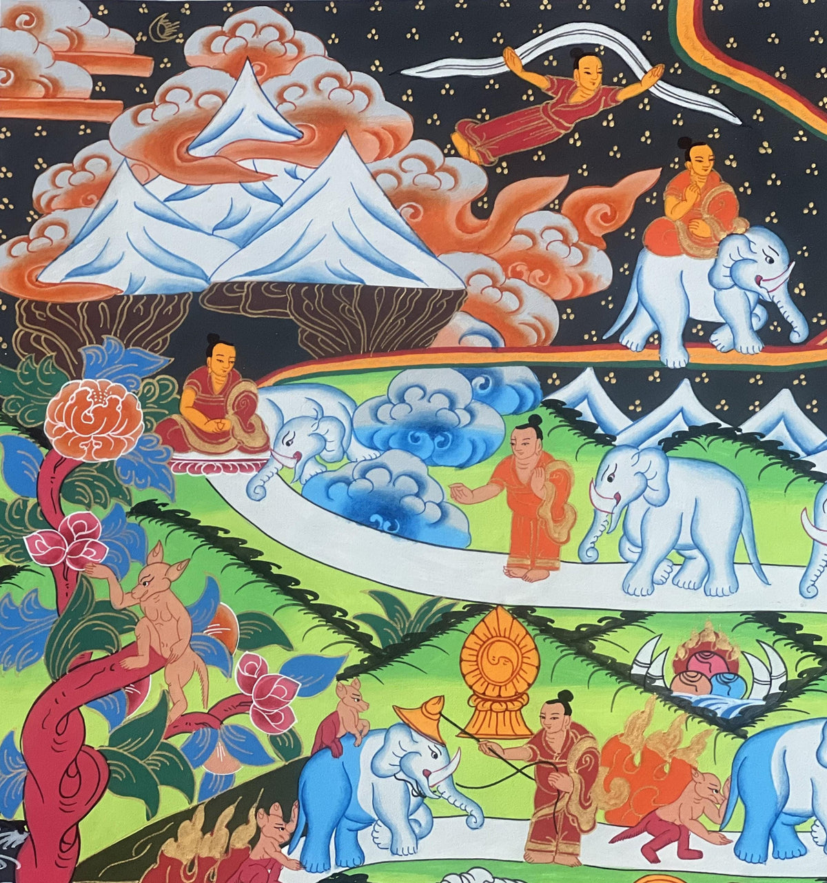 Samatha Meditation Original Tibetan Thangka Painting  Nine Stage Elephant Path to Nirvana