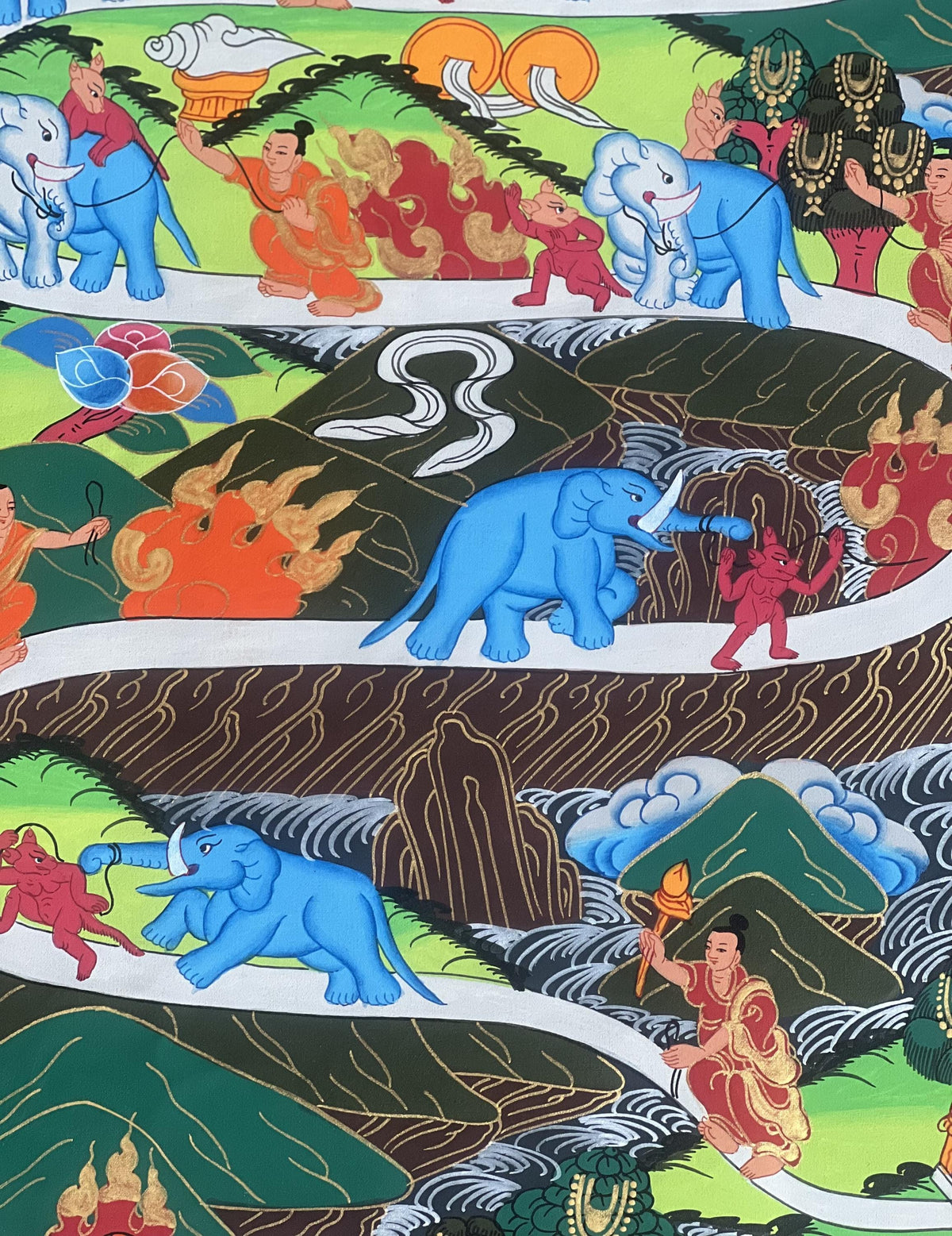 Samatha Meditation Original Tibetan Thangka Painting  Nine Stage Elephant Path to Nirvana