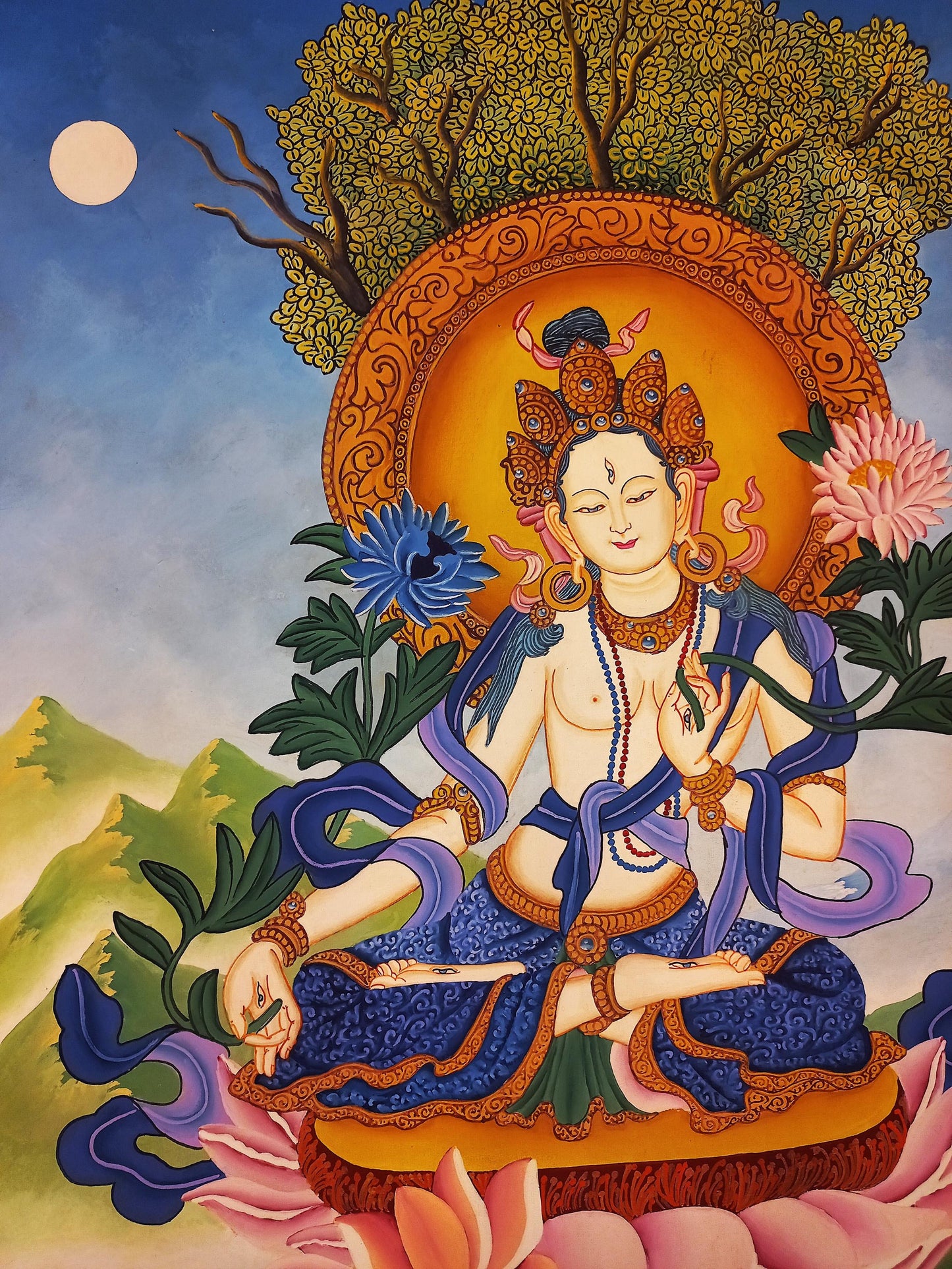 Hand-Painted White Tara Thangka: Newari Buddhist Art from Nepal