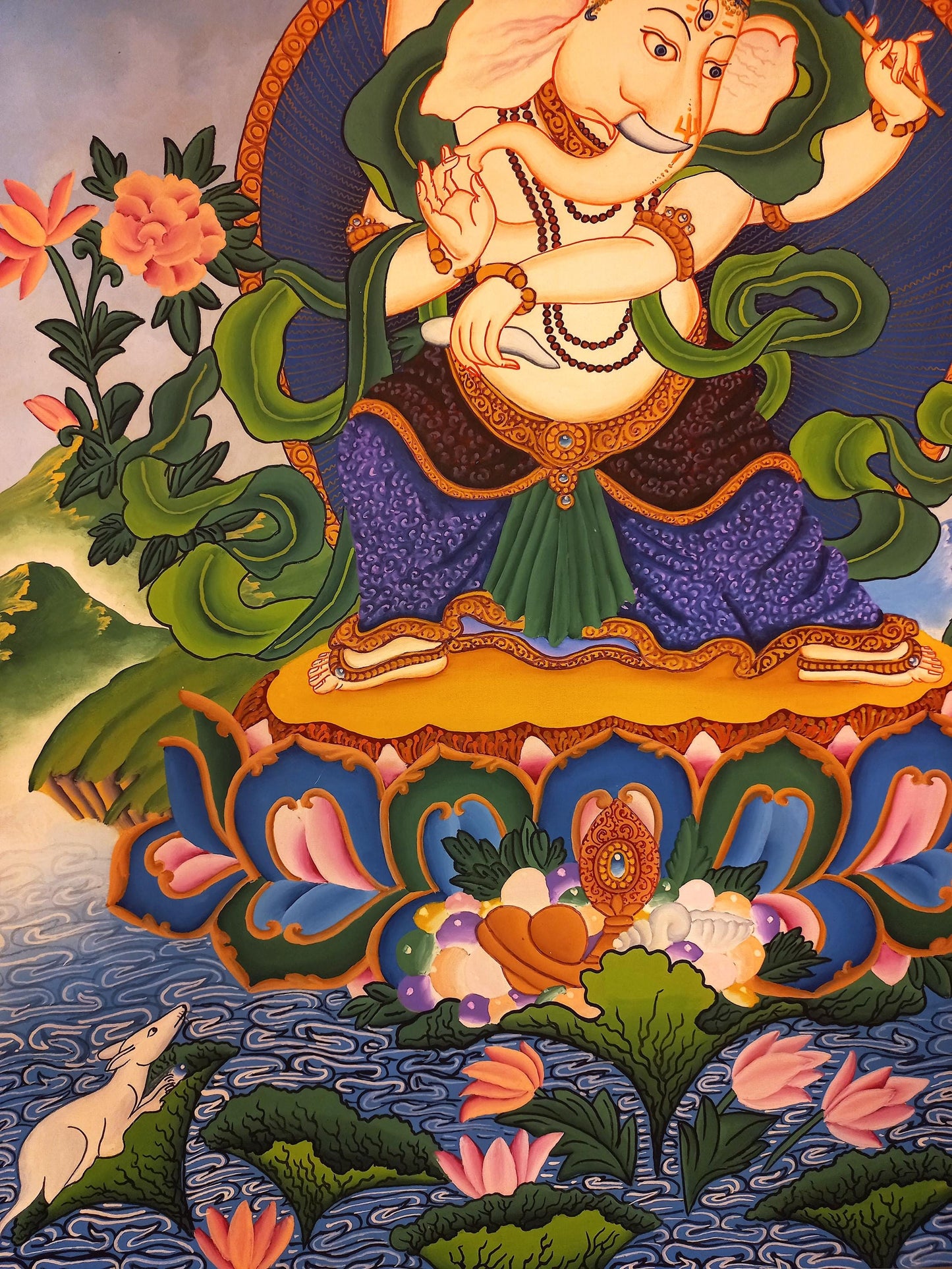 Hand-Painted Newari Ganesha Painting, Smoky Paubha Art on Cotton Canvas