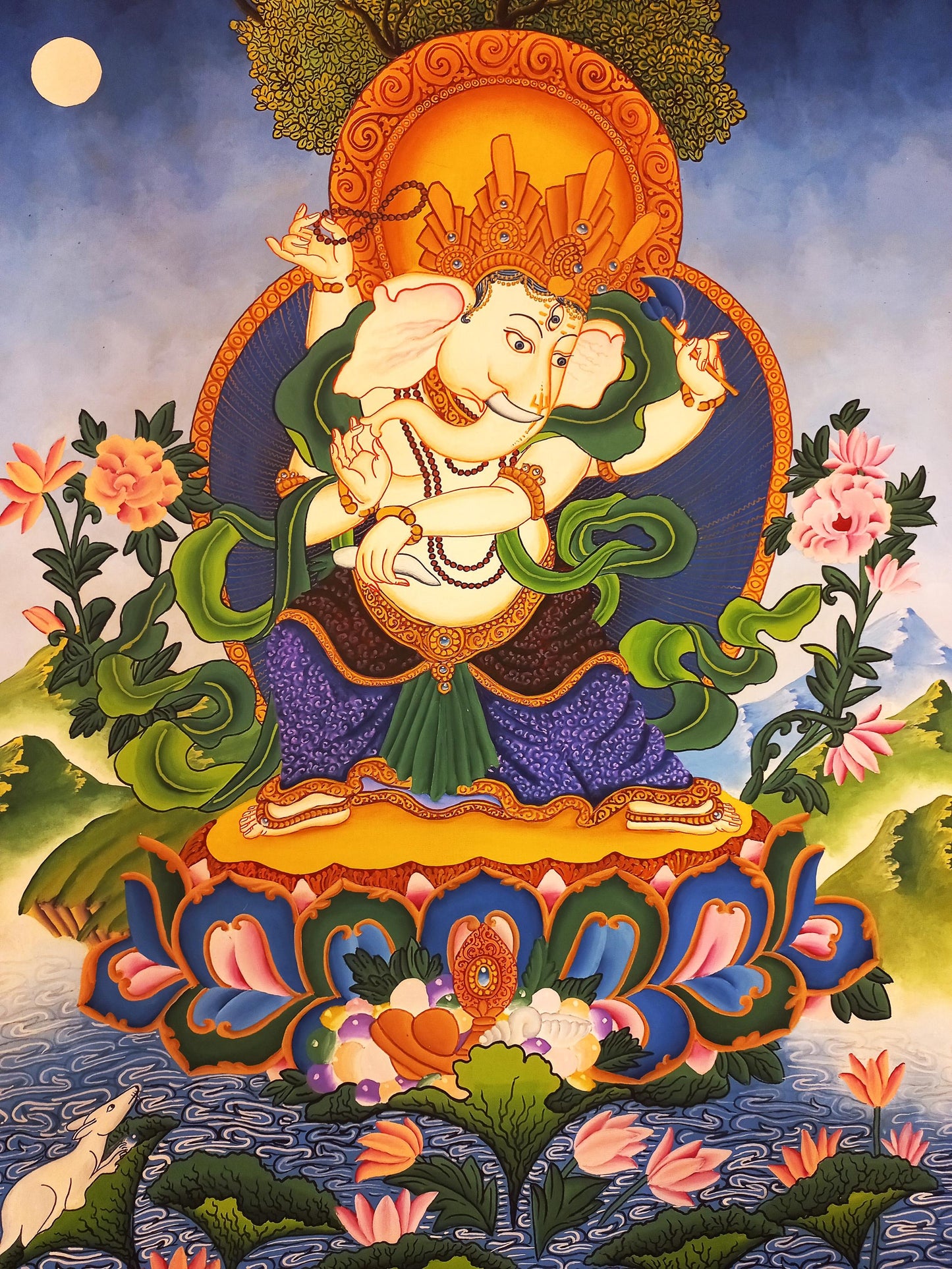 Hand-Painted Newari Ganesha Painting, Smoky Paubha Art on Cotton Canvas