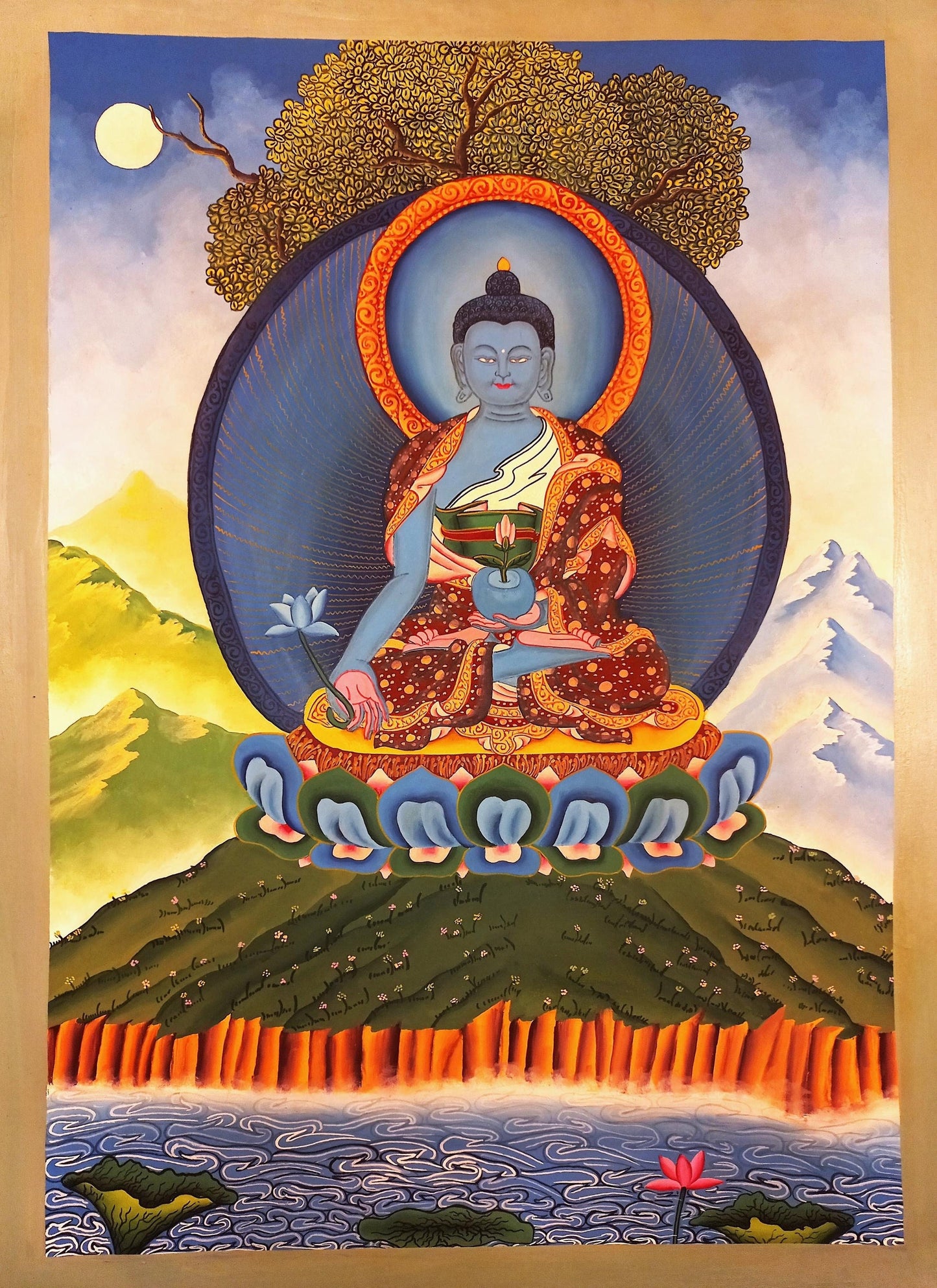 Hand-Painted Smoky Medicine Buddha Thangka | Bhaisajyaguru Tibetan Healing Art | Buddhist Painting