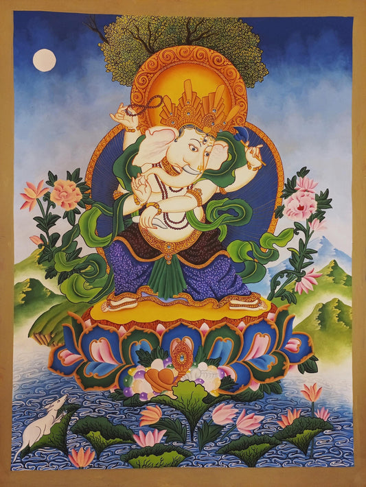 Hand-Painted Newari Ganesha Painting, Smoky Paubha Art on Cotton Canvas