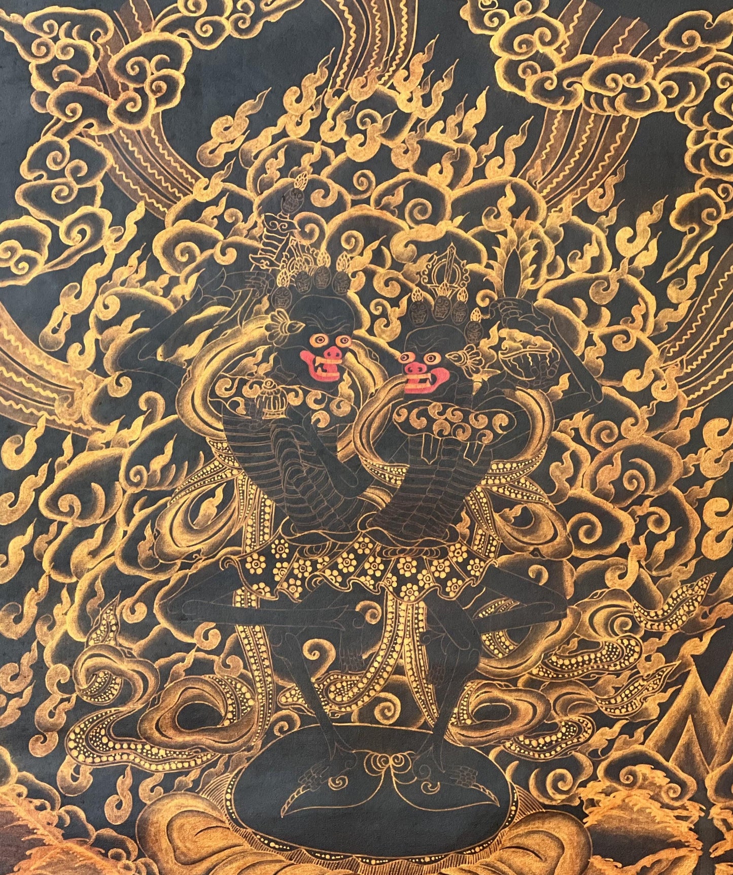 Hand-Painted Citipati Thangka: Black and Gold Vajrayogini Painting