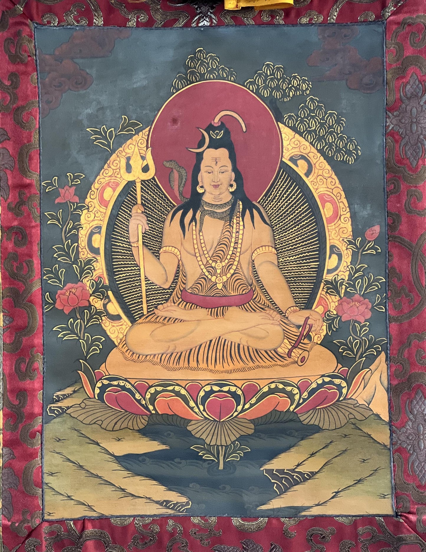 Hand-painted Lord Shiva Thangka Painting on Silk Brocade, Oil Varnished