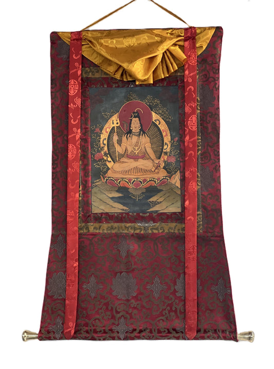 Hand-painted Lord Shiva Thangka Painting on Silk Brocade, Oil Varnished
