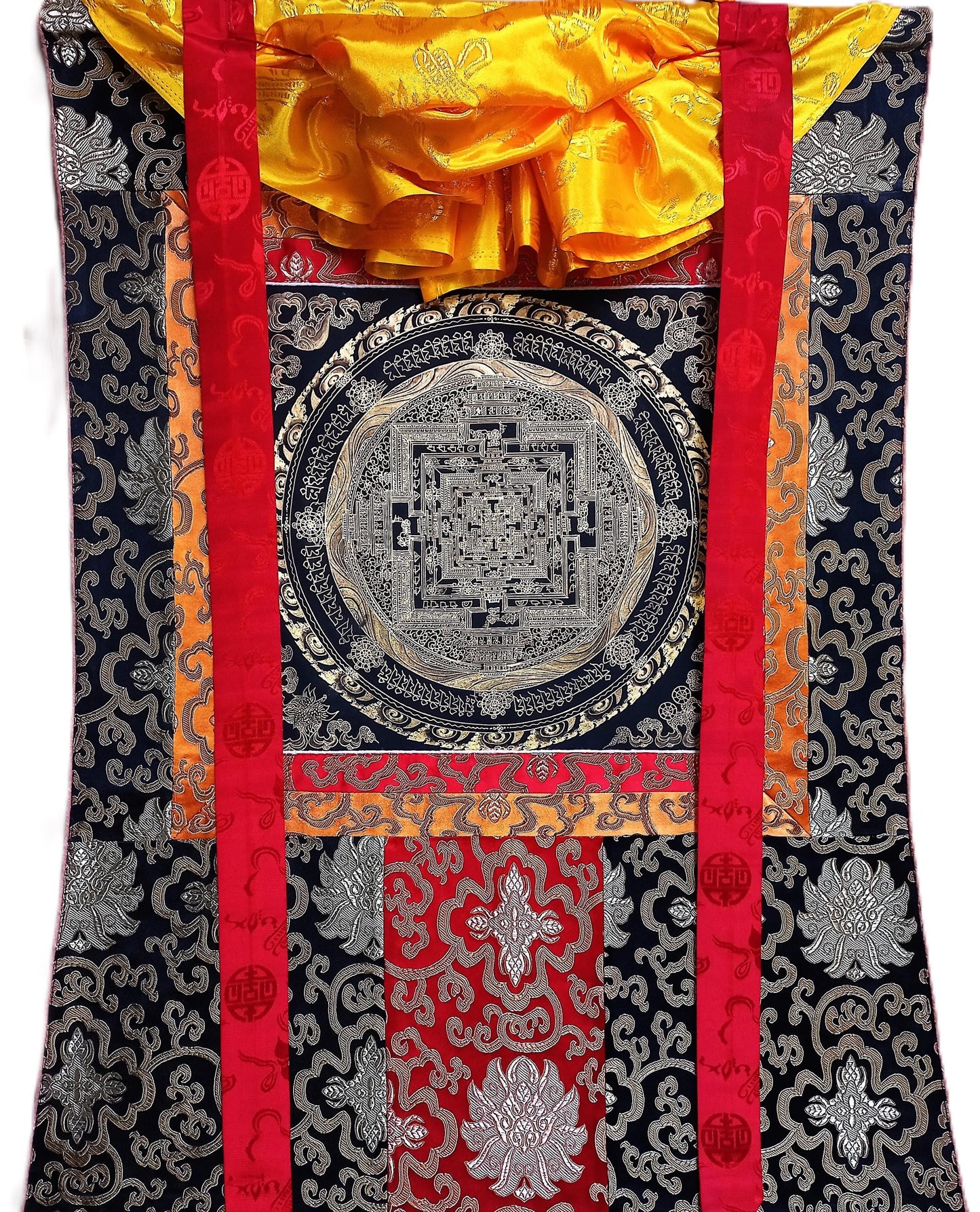 Hand Painted Kalachakra Mandala, Wheel of Life Thanka with Silk Brocade