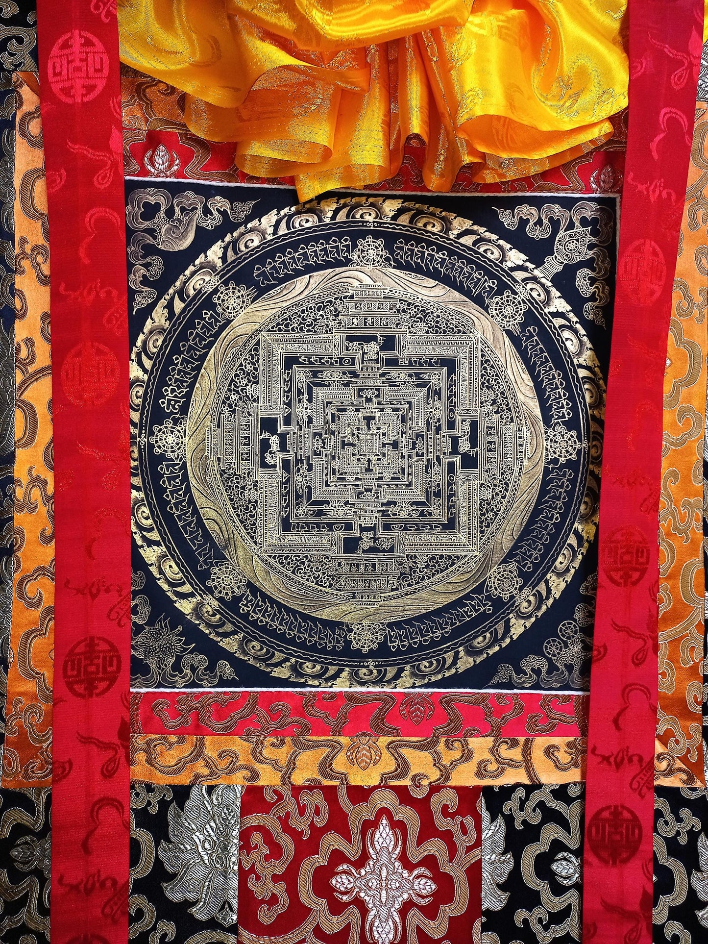 Hand Painted Kalachakra Mandala, Wheel of Life Thanka with Silk Brocade