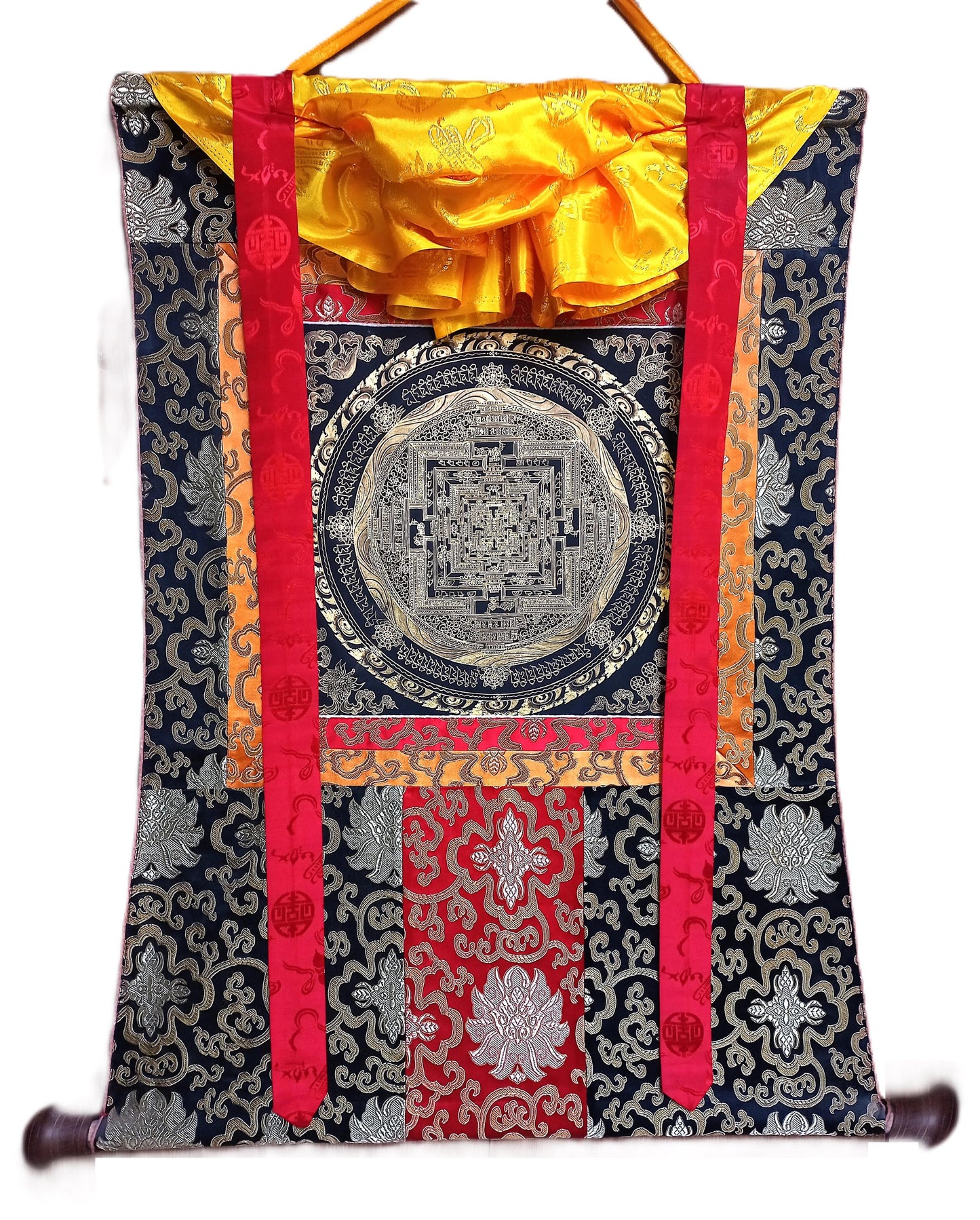 Hand Painted Kalachakra Mandala, Wheel of Life Thanka with Silk Brocade