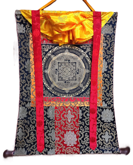 Hand Painted Kalachakra Mandala, Wheel of Life Thanka with Silk Brocade