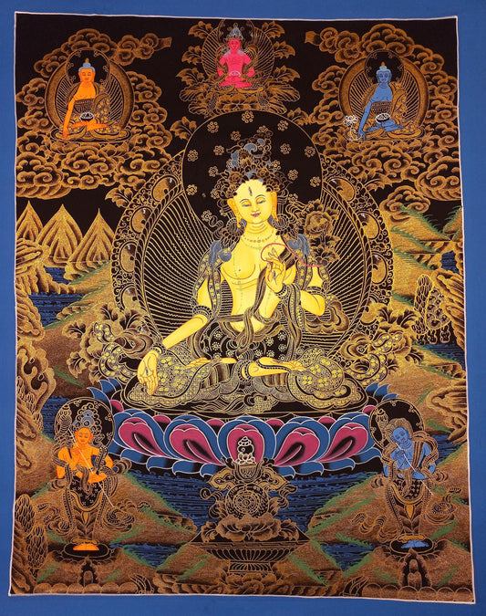 Hand-Painted White Tara Thangka, Mother Goddess Art (18x24-inch)