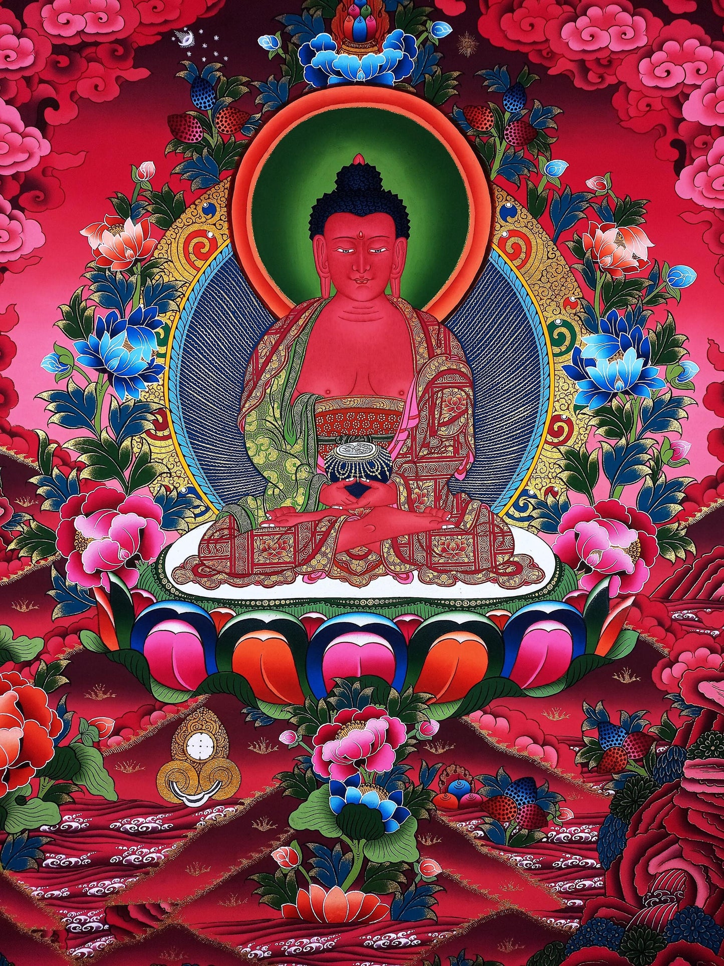 Hand-Painted Amitabha Buddha Thangka: Gold Tibetan Meditation Art