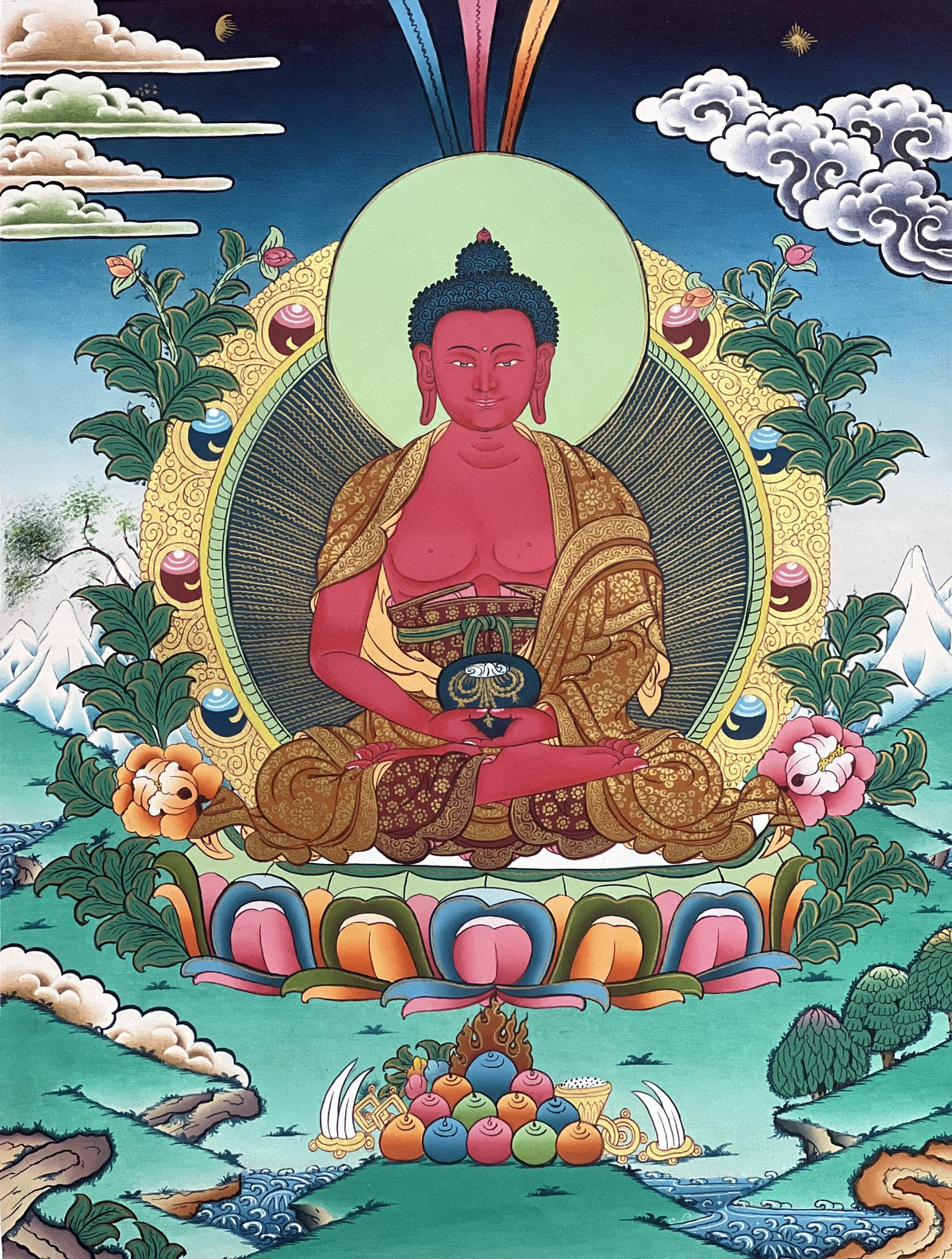 Hand-Painted Amitabha Buddha Thangka: Tibetan Meditation Art