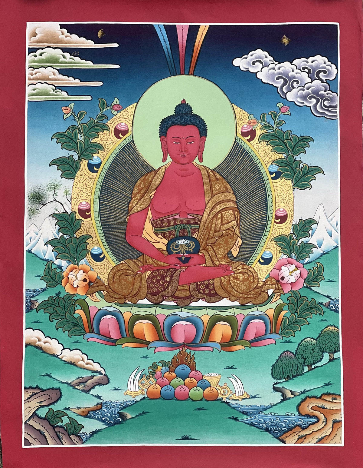 Hand-Painted Amitabha Buddha Thangka: Tibetan Meditation Art