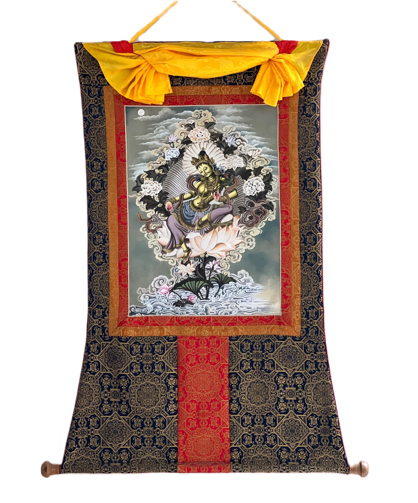 Green Tara Thangka Giclée Print – Newari Paubha, Silk Brocade