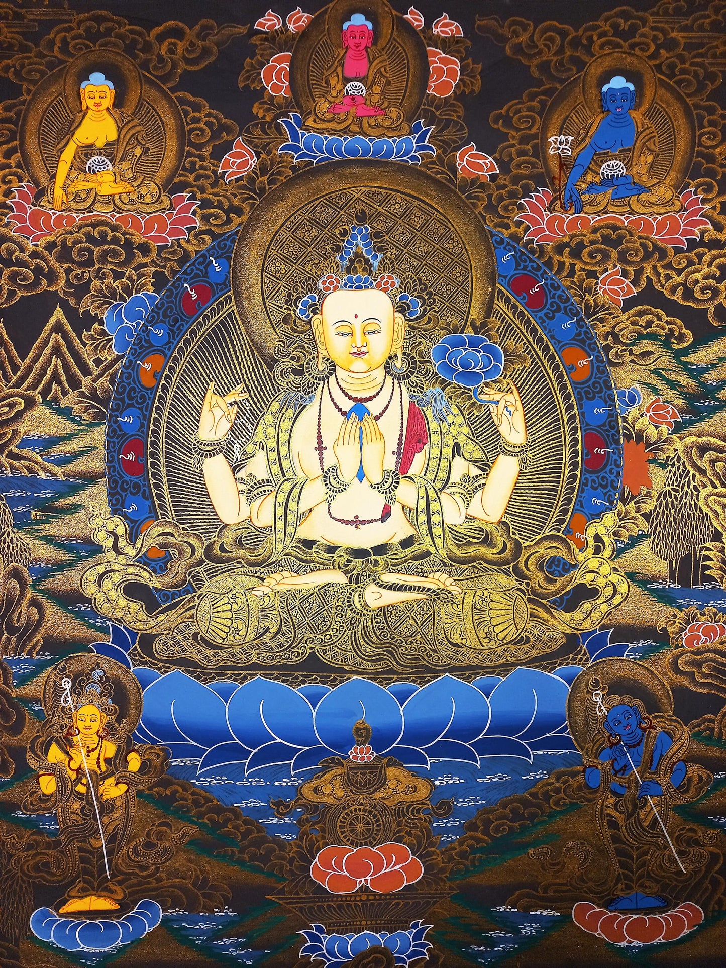 Hand-Painted Chenrezig Thangka: Avalokiteshvara Compassion Buddha Art (18x24)