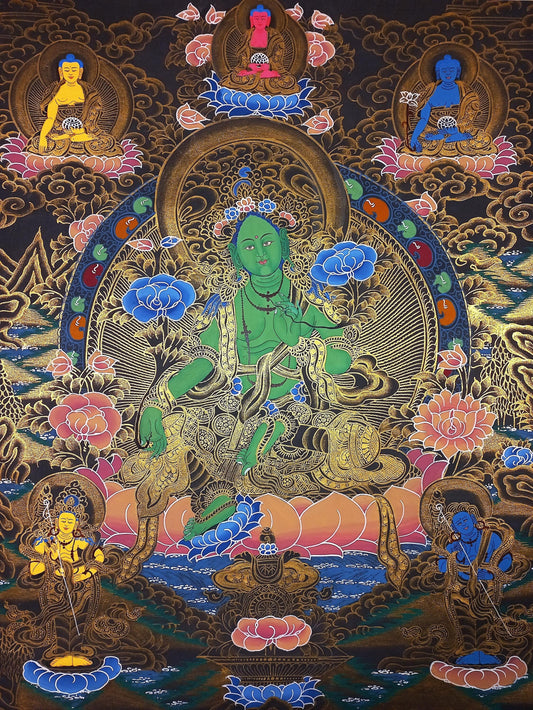 Green Tara Thangka Painting: Original Tibetan Compassion Art