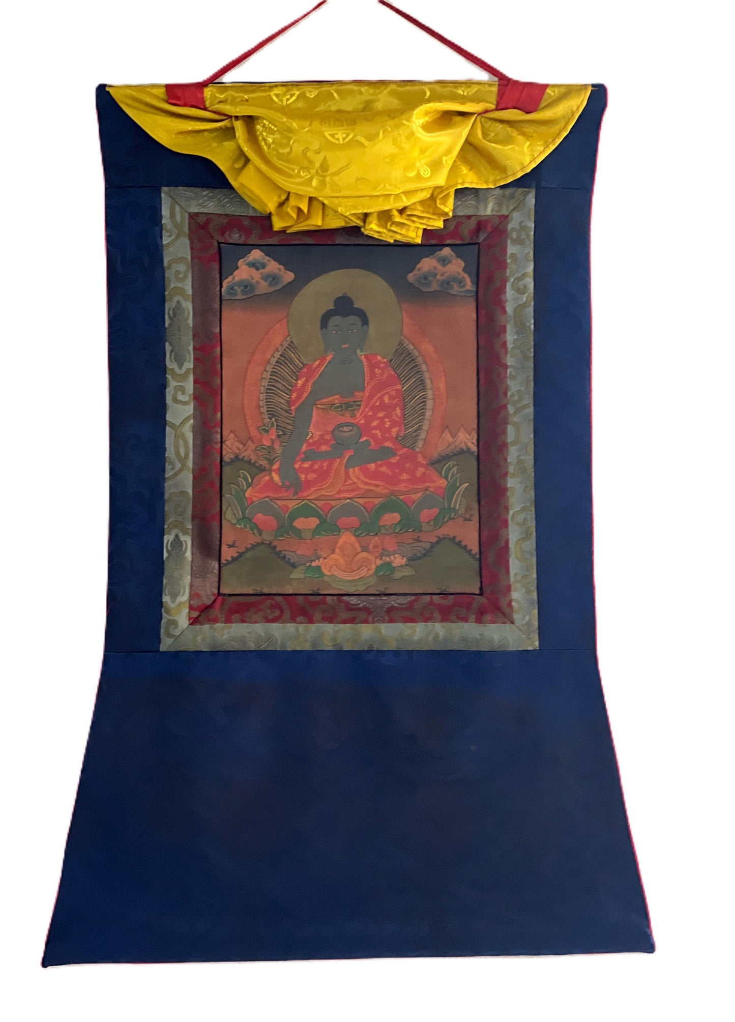 Old Medicine Buddha Thangka Painting with Silk Brocade