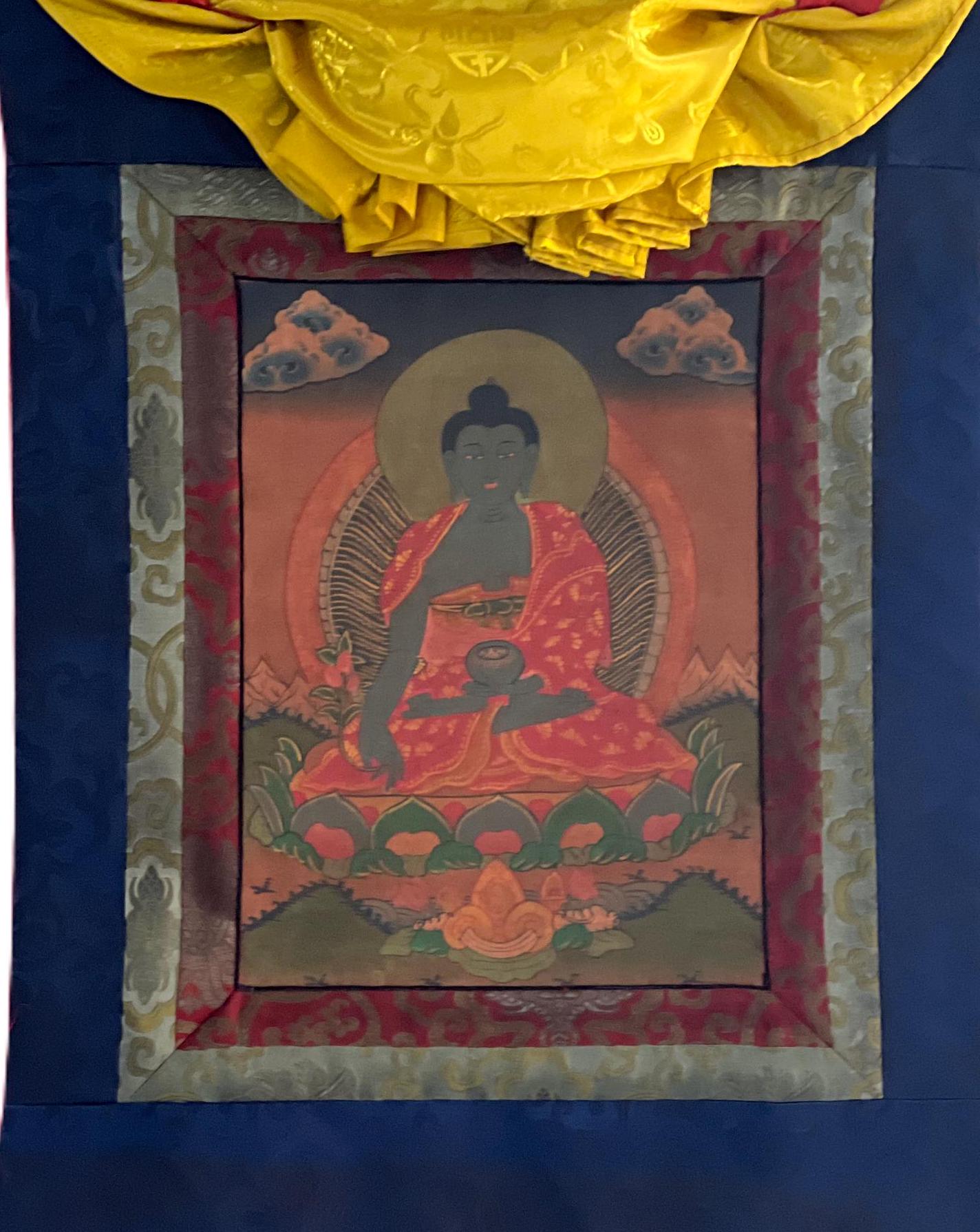 Old Medicine Buddha Thangka Painting with Silk Brocade