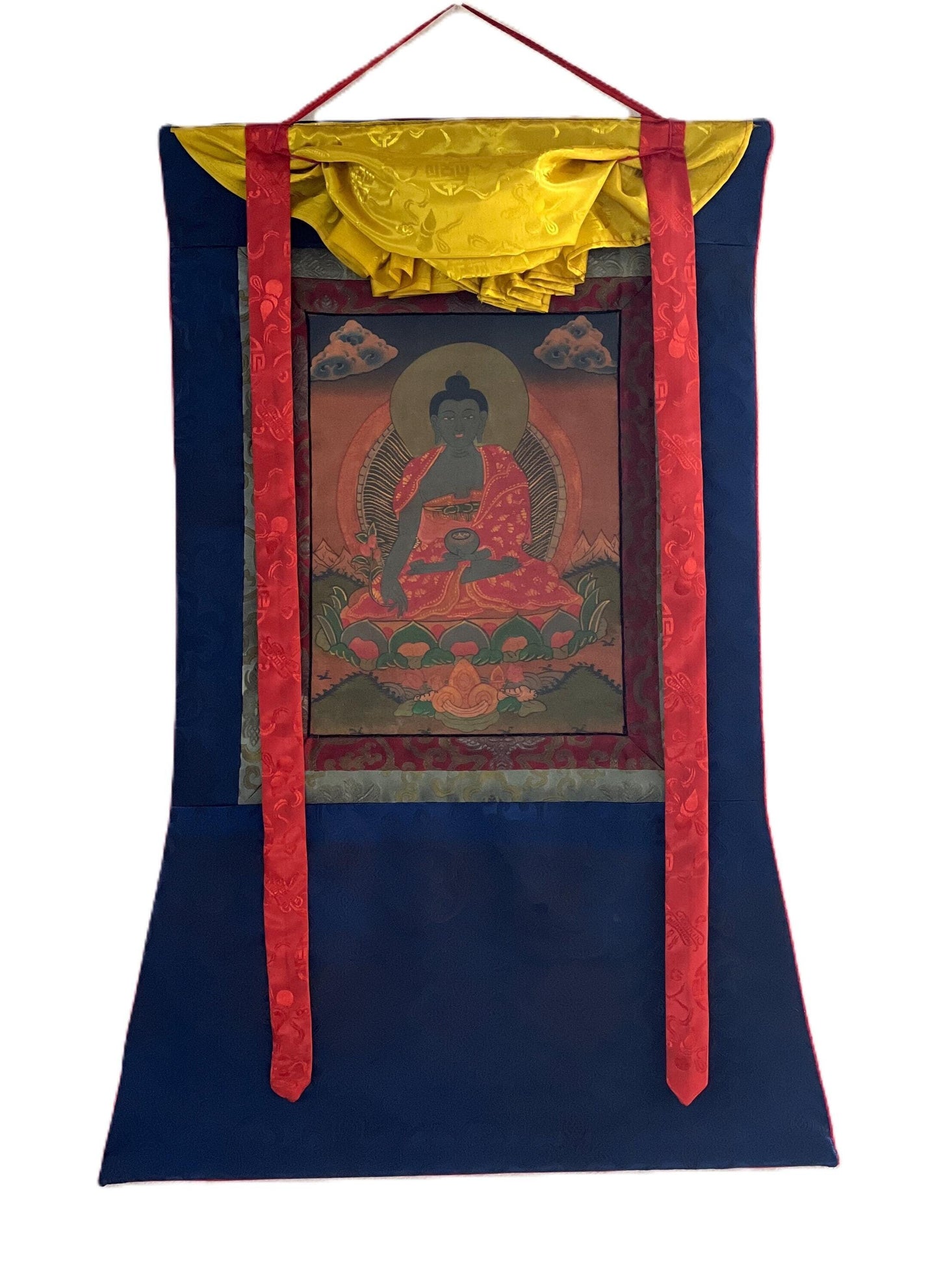 Old Medicine Buddha Thangka Painting with Silk Brocade