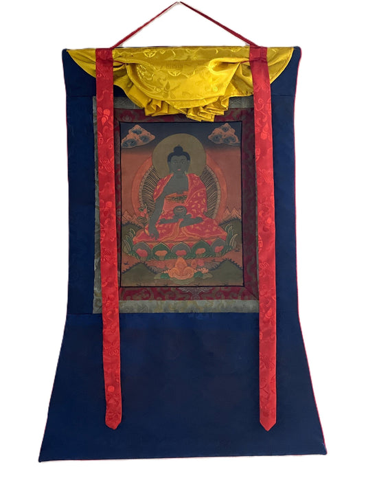 Old Medicine Buddha Thangka Painting with Silk Brocade