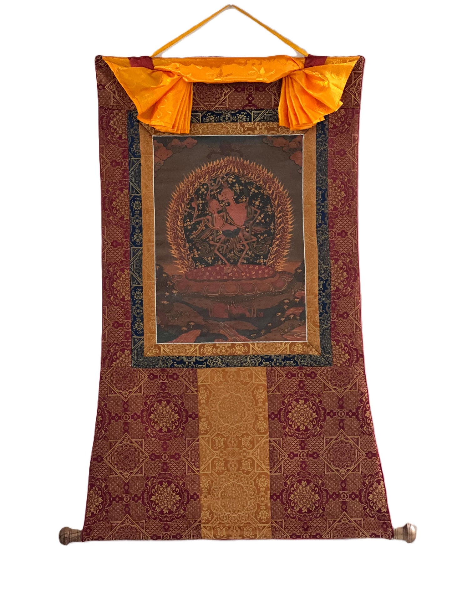 Citipati Thangka Painting: Tibetan Dancing Couple Art with Silk Brocade