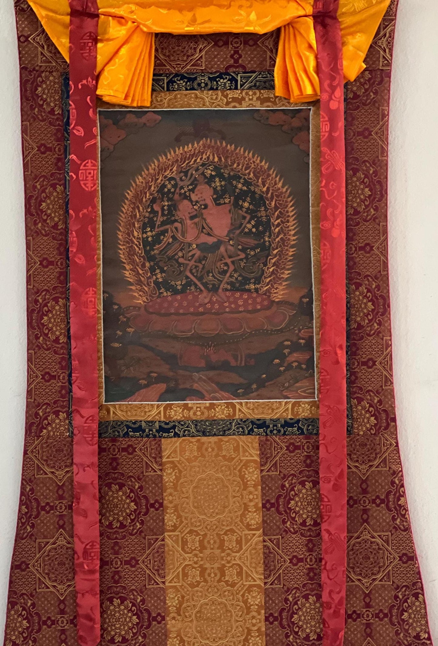 Citipati Thangka Painting: Tibetan Dancing Couple Art with Silk Brocade