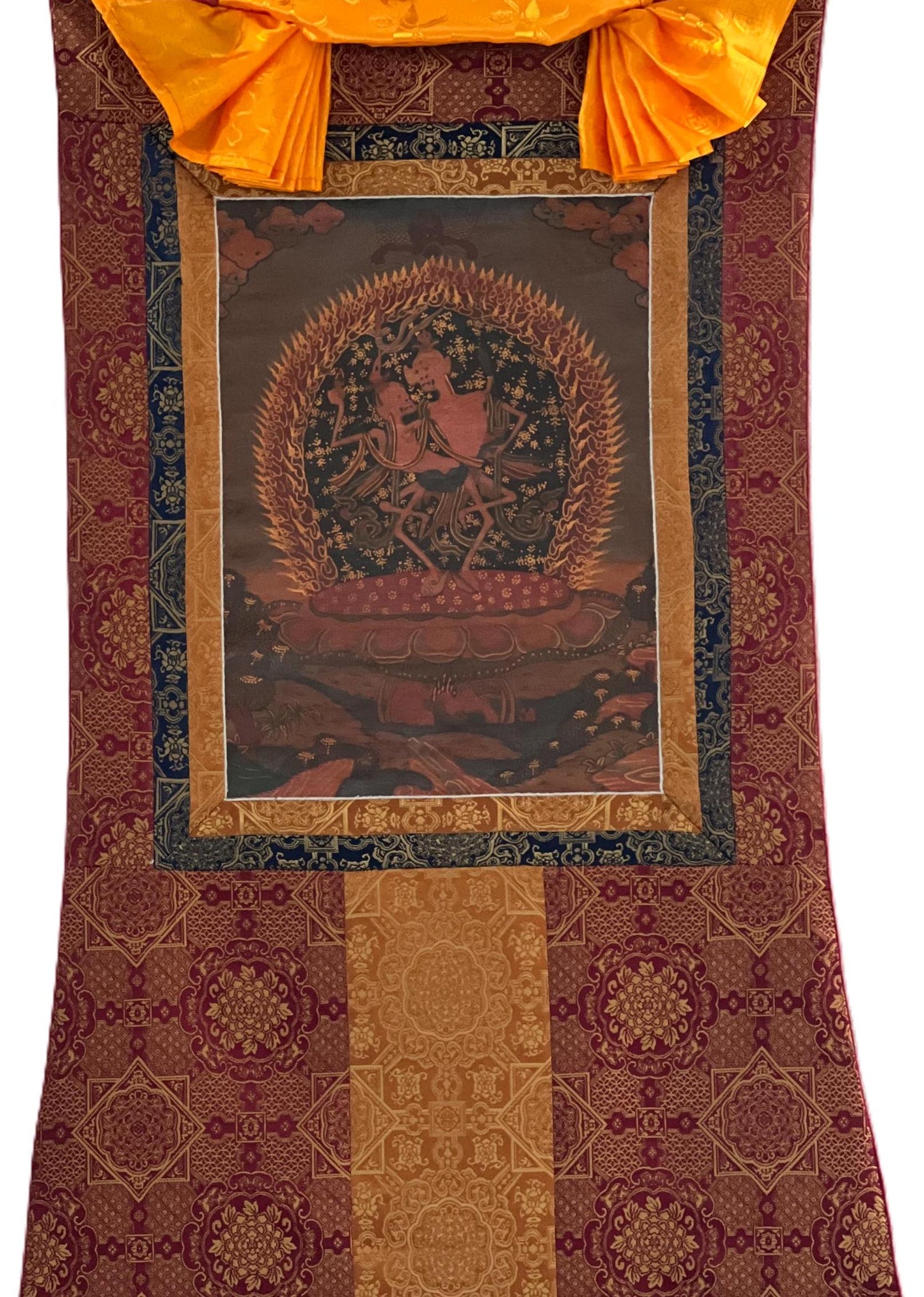 Citipati Thangka Painting: Tibetan Dancing Couple Art with Silk Brocade