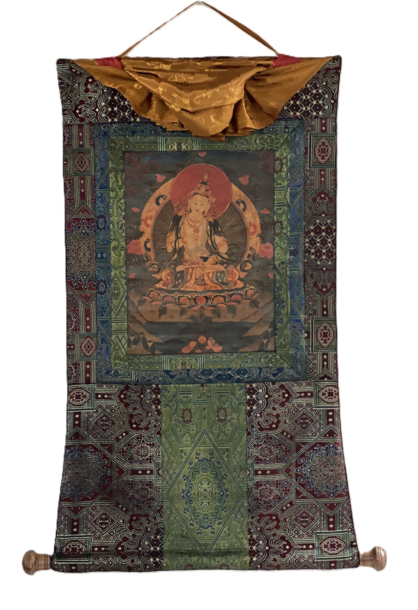 Old Oil Varnished Vajrasattva Thangka | Tibetan Buddhist Art | Hand-Painted Sacred Painting | Silk Brocade Frame