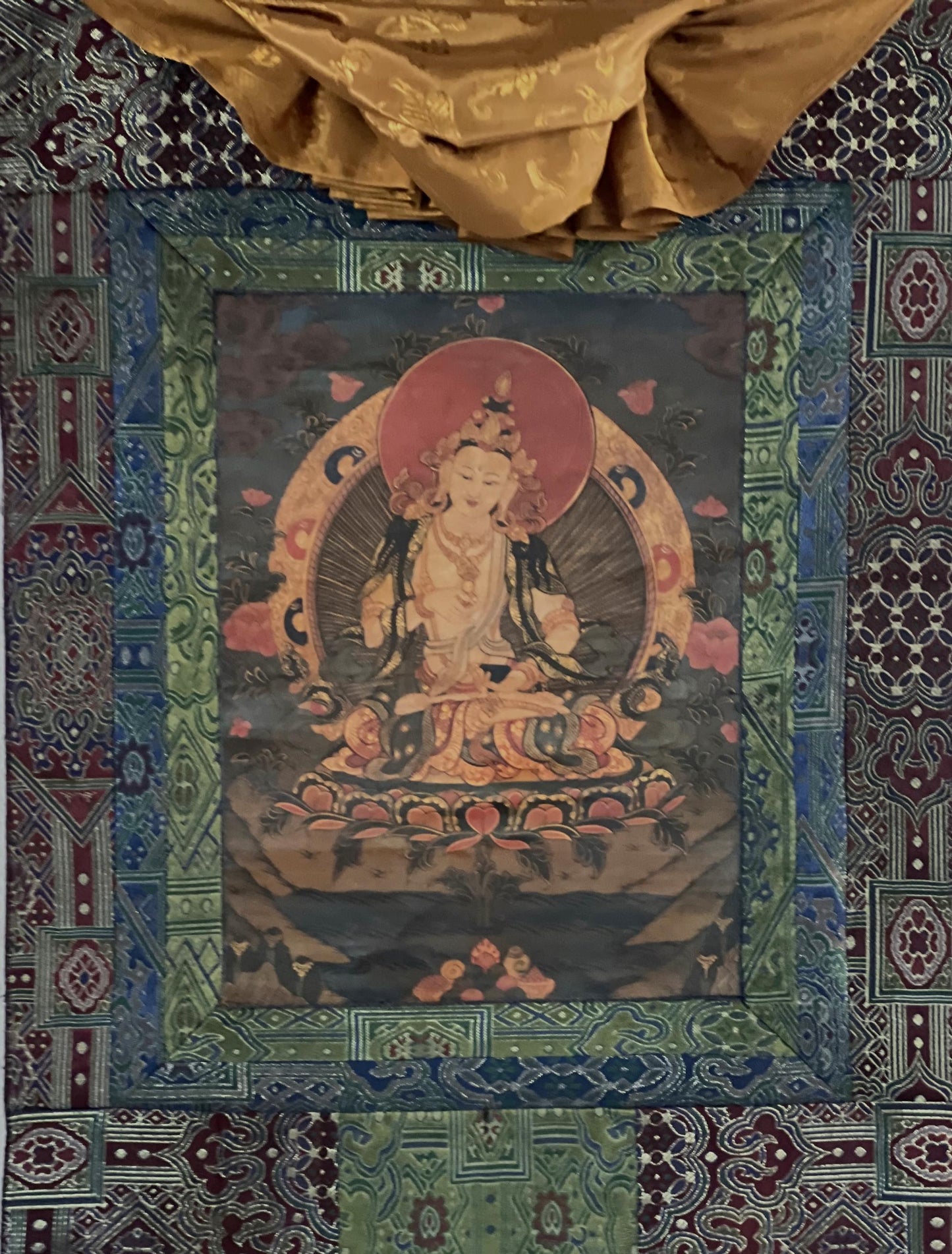 Old Oil Varnished Vajrasattva Thangka | Tibetan Buddhist Art | Hand-Painted Sacred Painting | Silk Brocade Frame