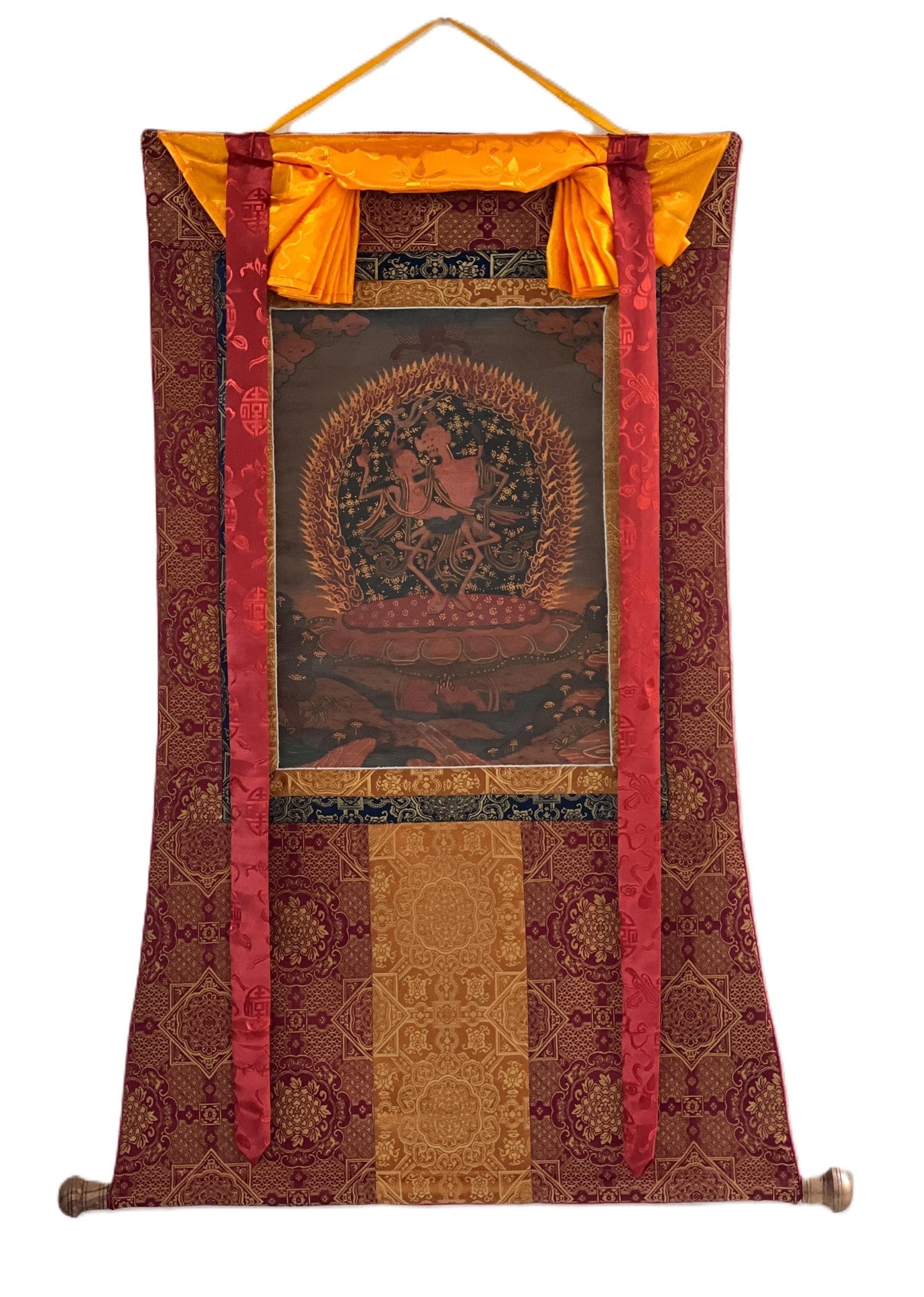 Citipati Thangka Painting: Tibetan Dancing Couple Art with Silk Brocade