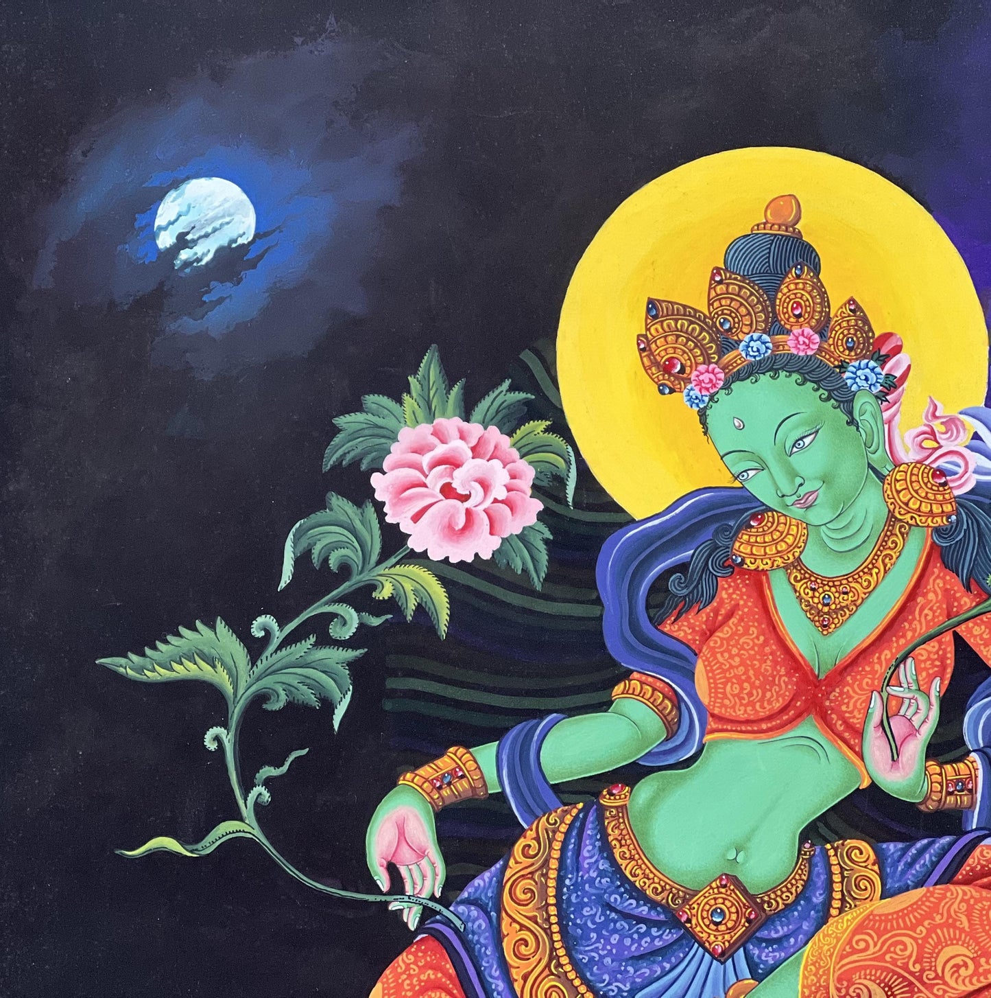 Green Tara Thangka Painting, Newari Pauva Art, Handmade Cotton Canvas