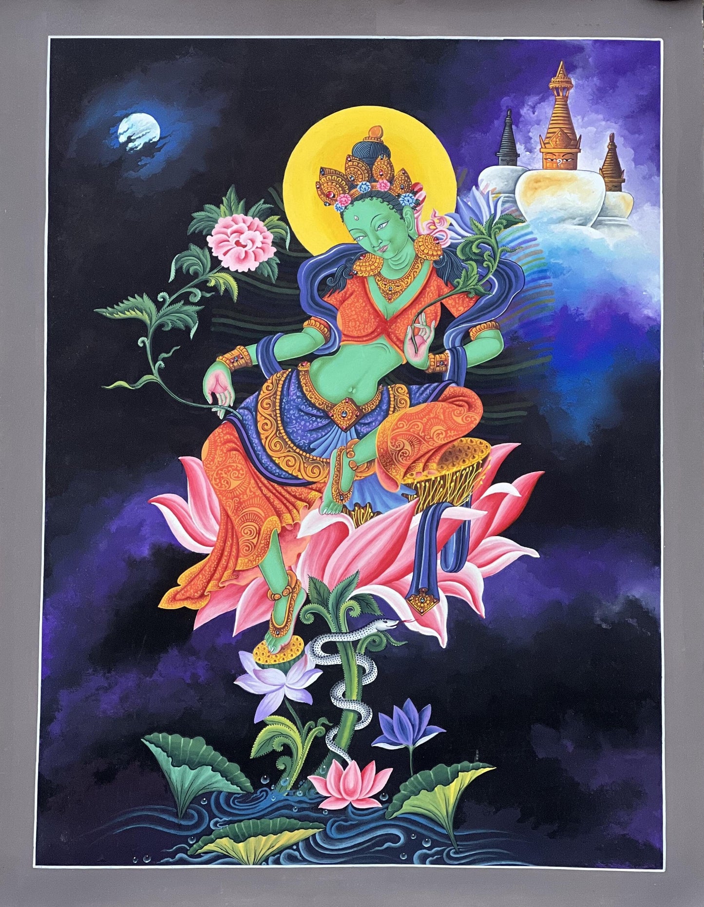 Green Tara Thangka Painting, Newari Pauva Art, Handmade Cotton Canvas