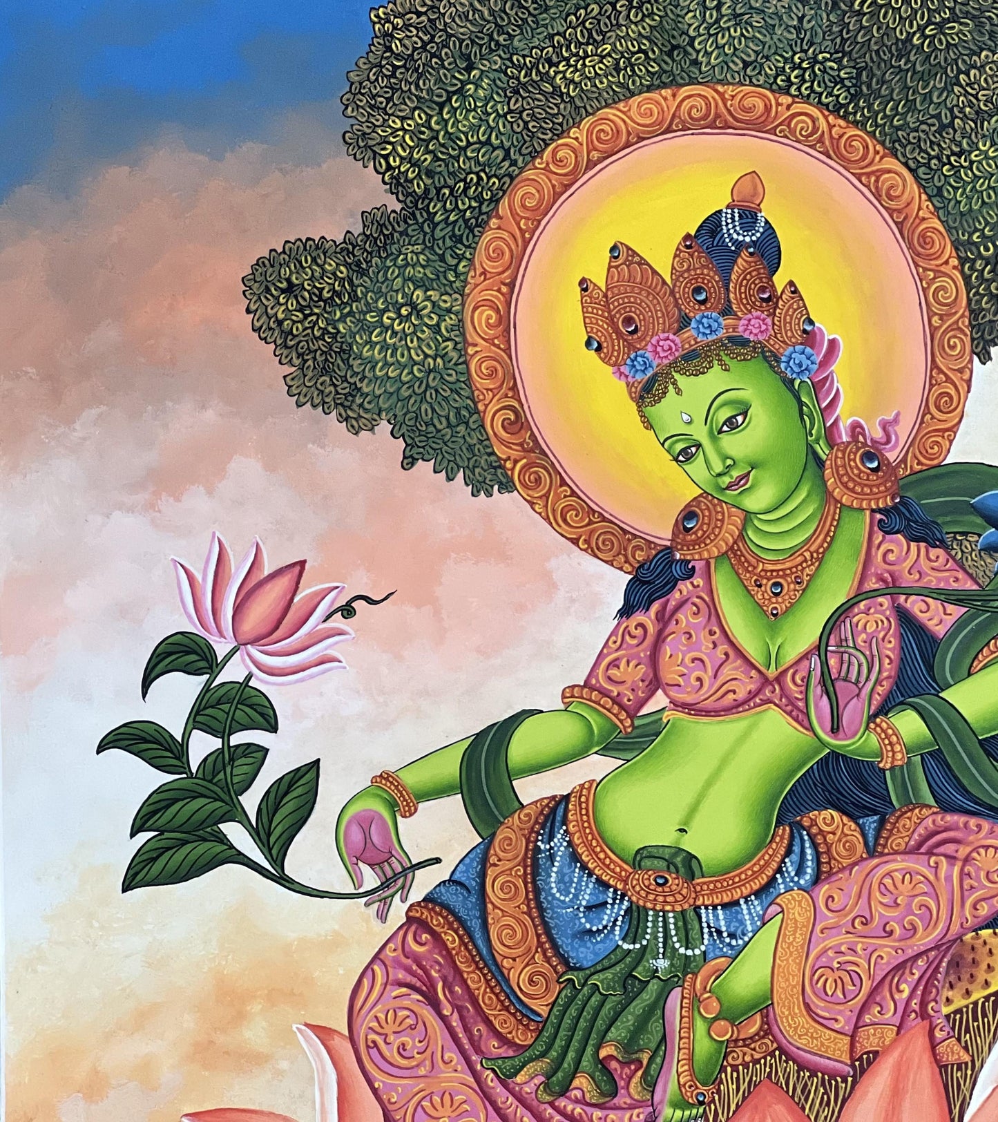 Green Tara Newari Paubha Painting – Hand-Painted Himalayan Art | Original Buddhist Thangka