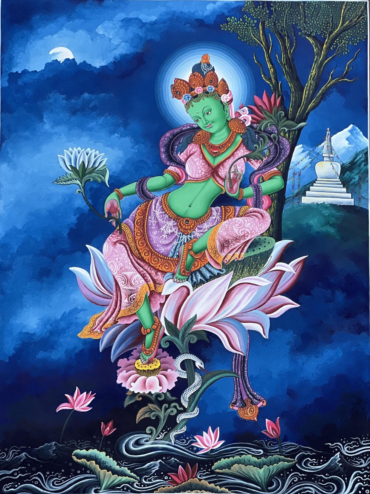 Green Tara Thangka Painting: Newari Paubha, Handmade Cotton Canvas