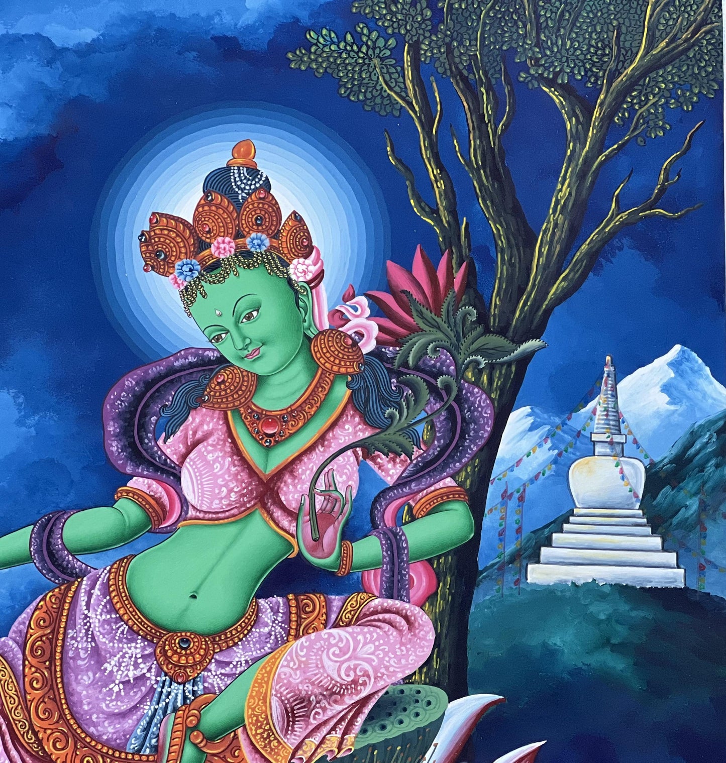Green Tara Thangka Painting: Newari Paubha, Handmade Cotton Canvas