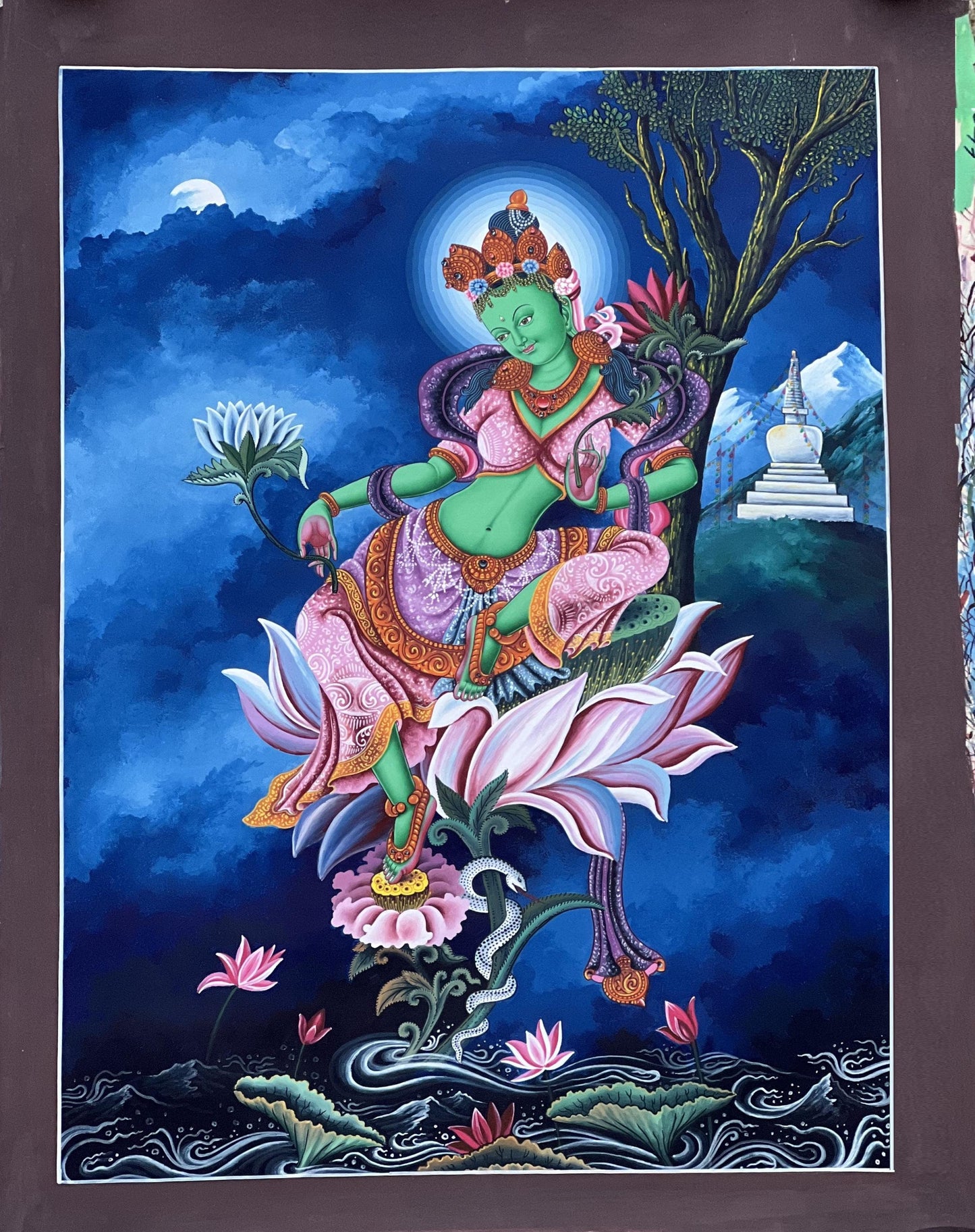 Green Tara Thangka Painting: Newari Paubha, Handmade Cotton Canvas
