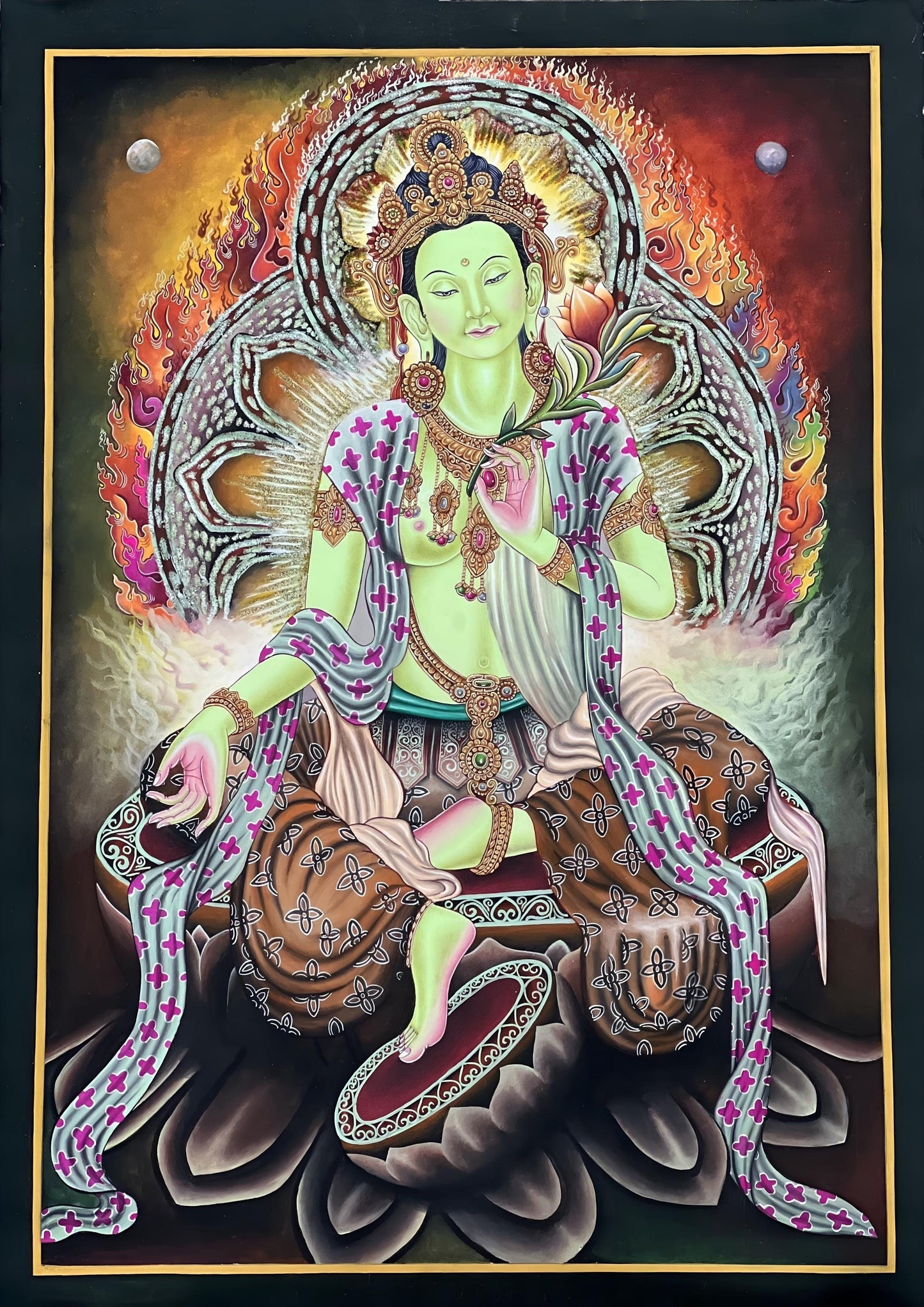 Green Tara Thangka Painting – Newari Paubha Art, Gold & Stone Powder
