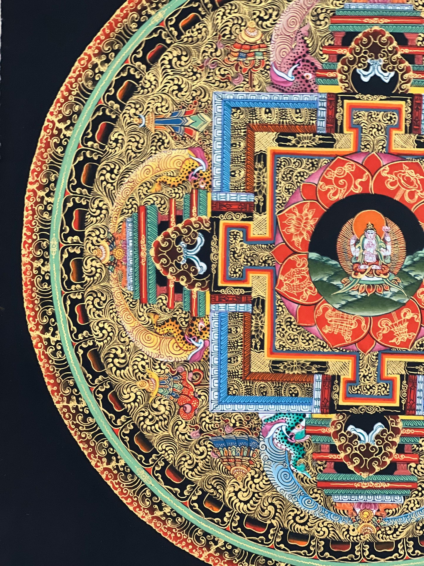 Hand-Painted Avalokiteshvara Thangka – 24K Gold Mandala, Silk Brocade