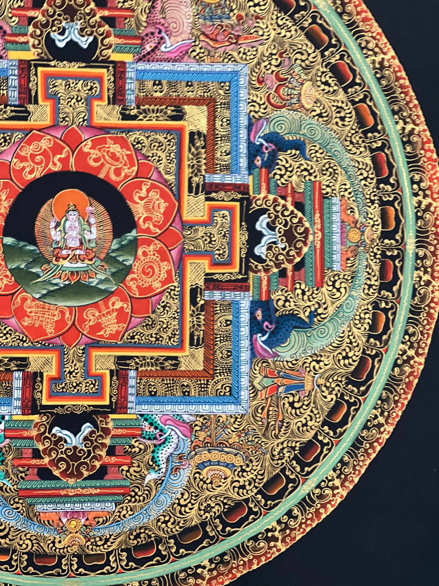 Hand-Painted Avalokiteshvara Thangka – 24K Gold Mandala, Silk Brocade