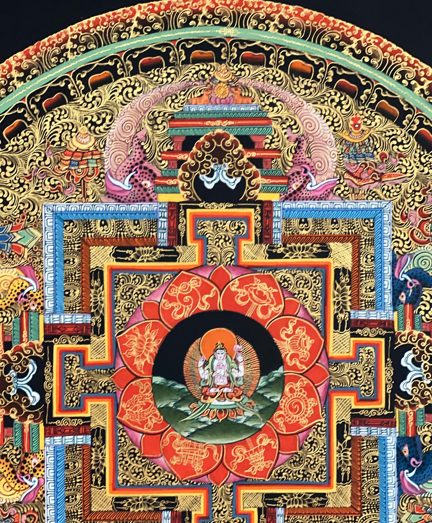 Hand-Painted Avalokiteshvara Thangka – 24K Gold Mandala, Silk Brocade
