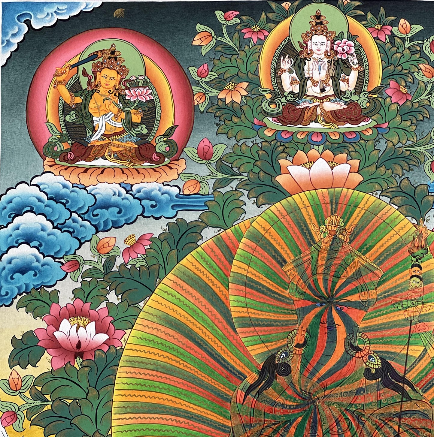 Guru Rainbow Body Padmasambhava Thangka | Hand-Painted Tibetan Buddhist Art | Gold Masterpiece | Dzogchen Meditation Painting