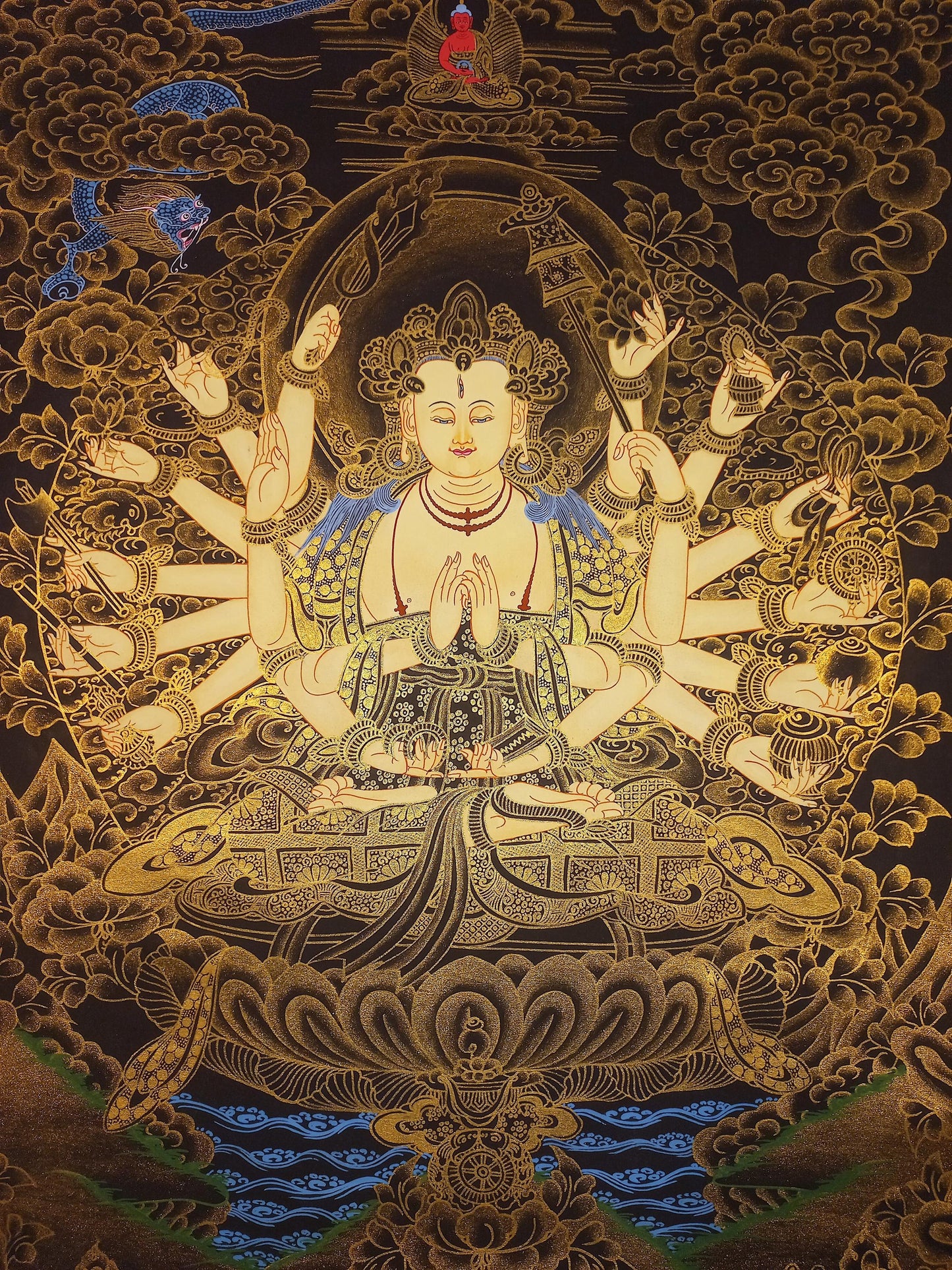 Hand-Painted Goddess Chundi Thangka Painting, Tibetan Buddhist Art